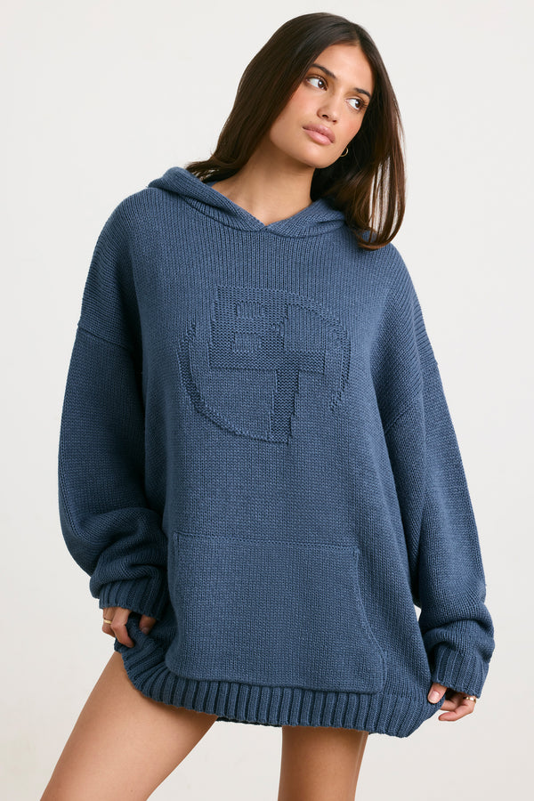 Boyfriend - Oversized Chunky Knit Hoodie in Washed Navy