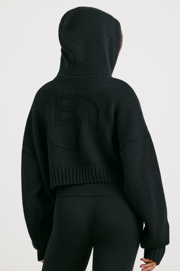 True - Cropped Zip Up Chunky Knit Hoodie in Black