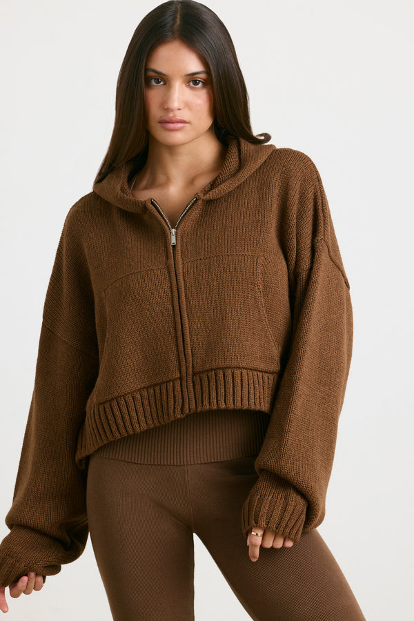 True - Cropped Zip Up Chunky Knit Hoodie in Espresso