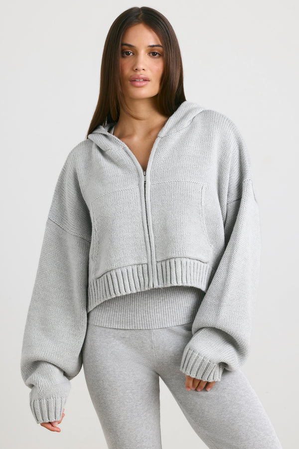 True - Cropped Zip Up Chunky Knit Hoodie in Heather Grey
