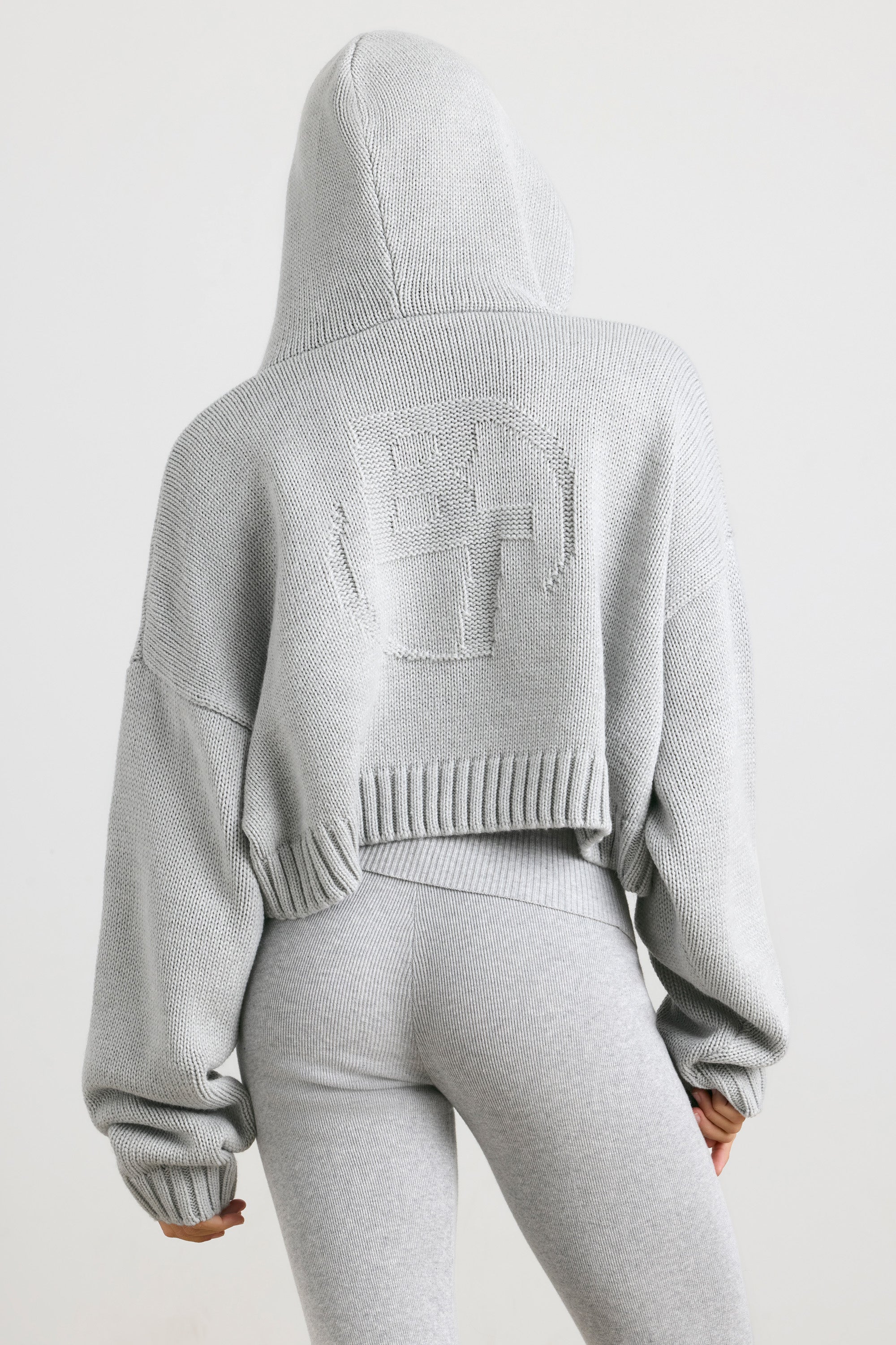 True - Cropped Zip Up Chunky Knit Hoodie in Heather Grey