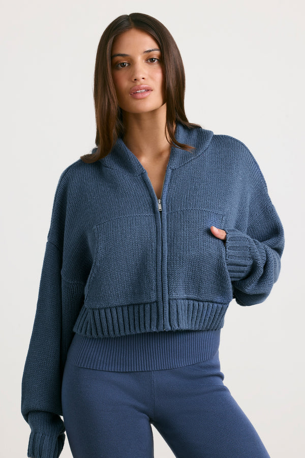 True - Cropped Zip Up Chunky Knit Hoodie in Washed Navy