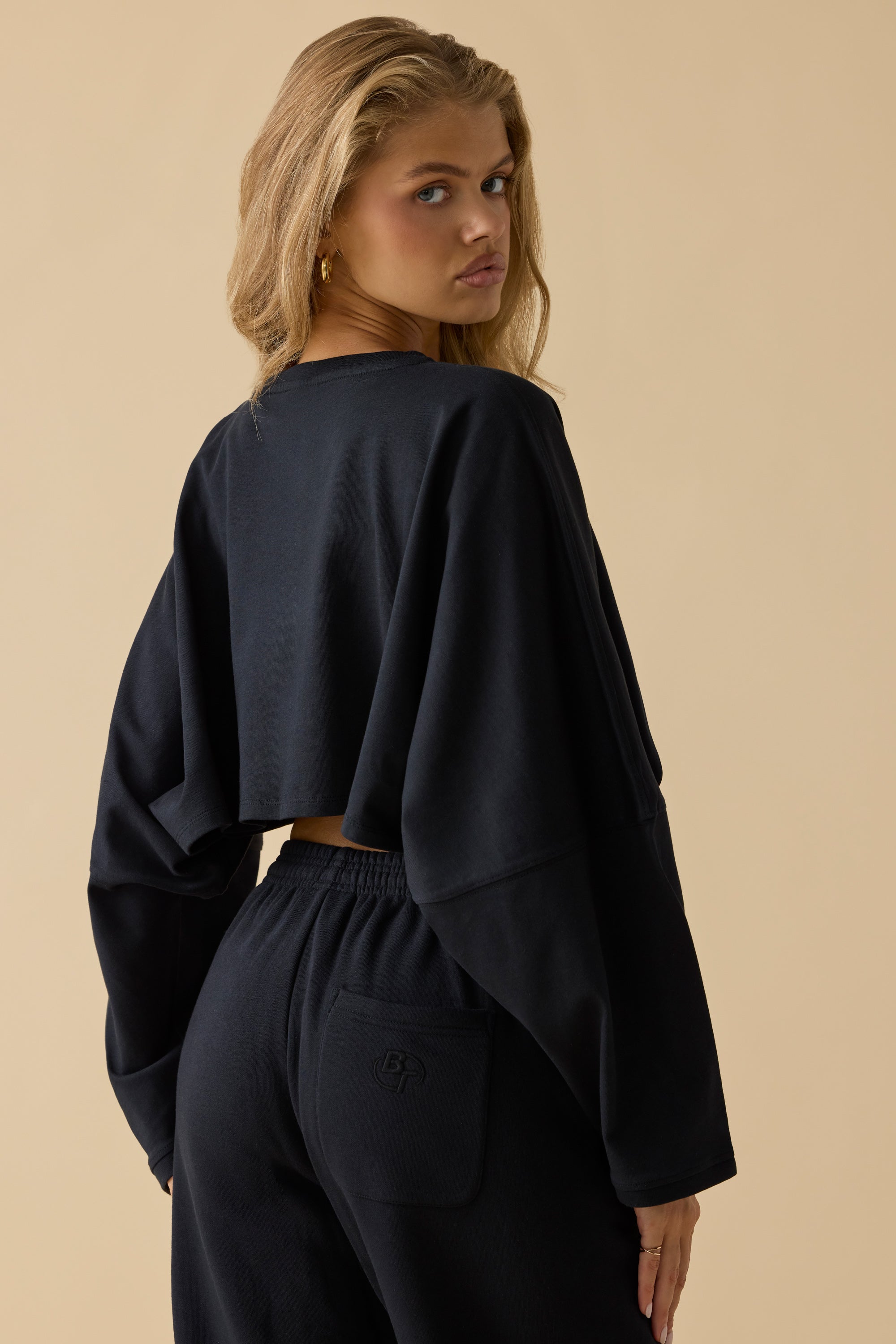 Day Off - Oversized Long Sleeve Crop Top in Black