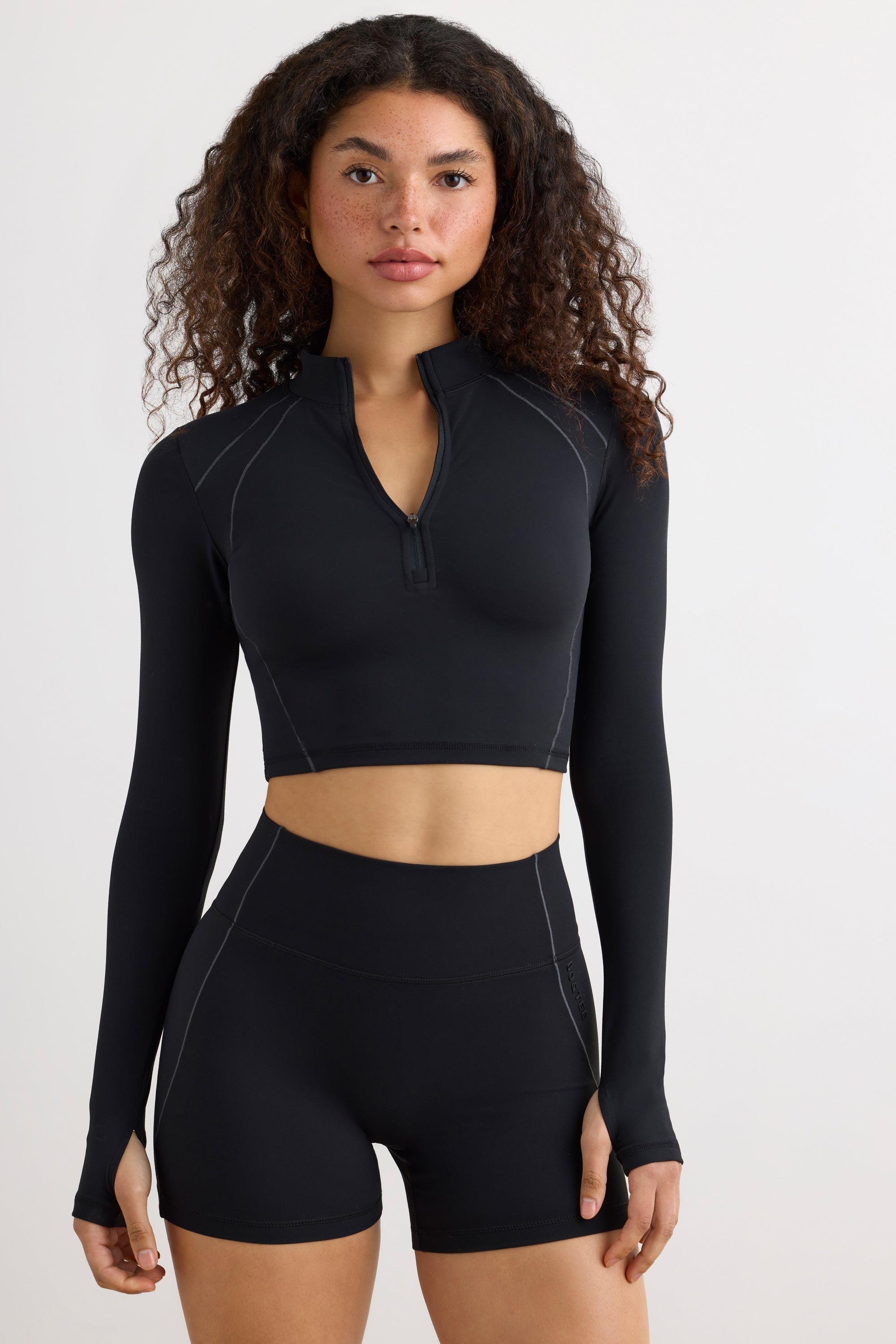 Process - Soft Active Half Zip Crop Top in Black