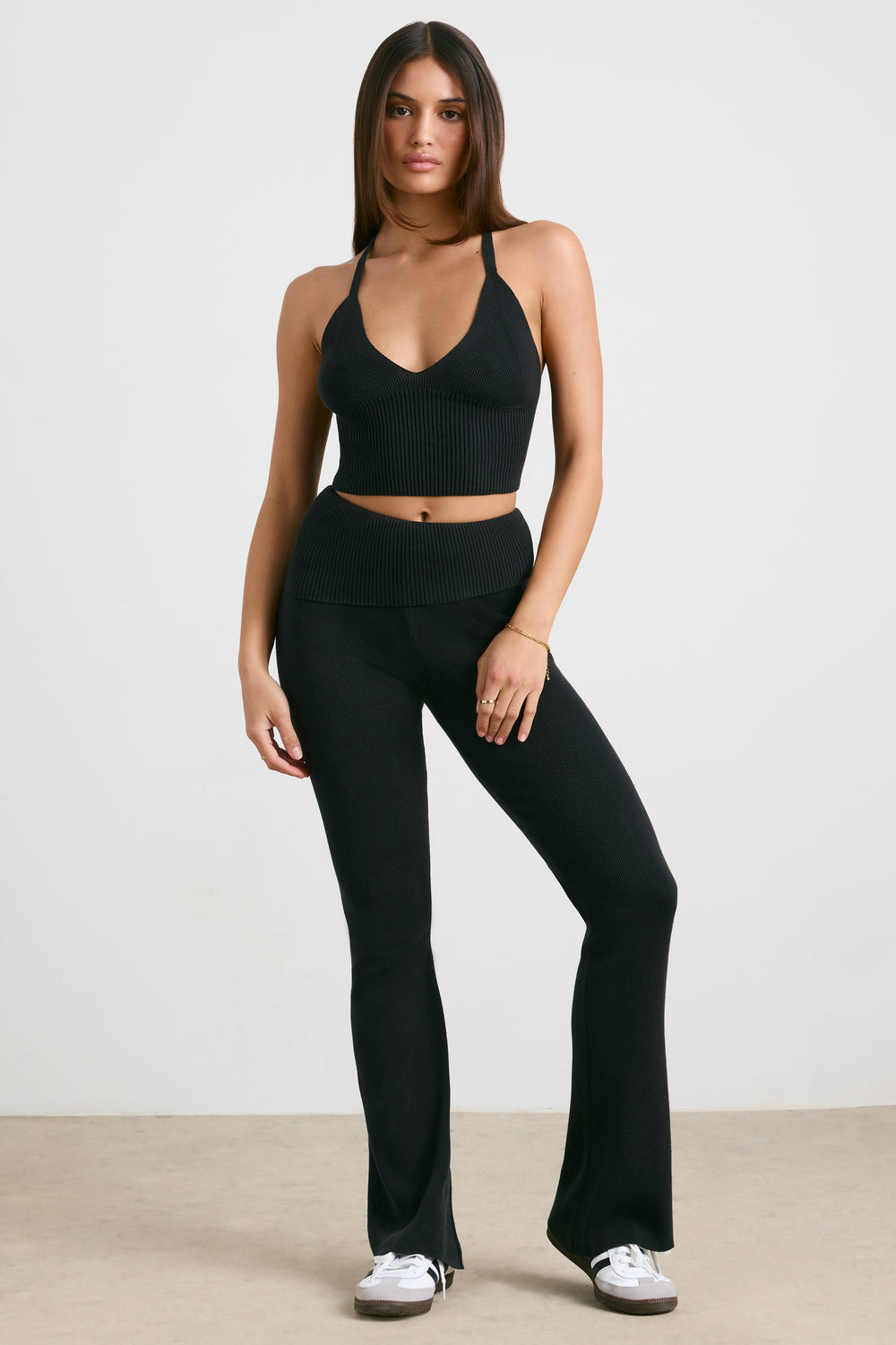Muse Petite Chunky Knit Kick Flare Trousers in Black | Bo&Tee