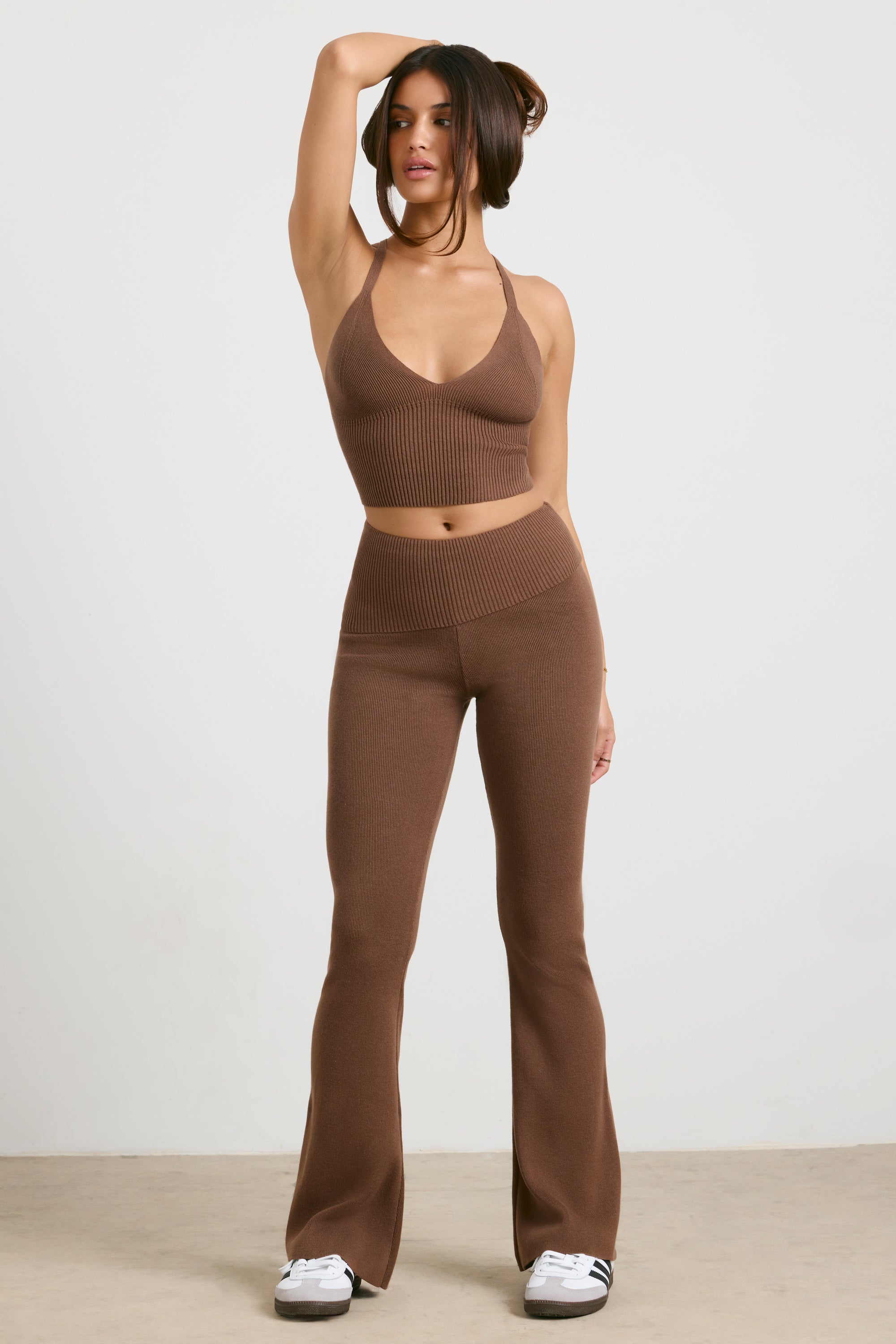 Muse - Petite Chunky Knit Kick Flare Trousers in Espresso