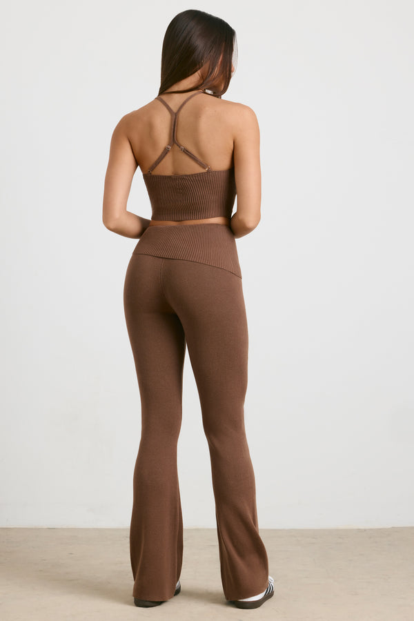 Muse - Petite Chunky Knit Kick Flare Trousers in Espresso