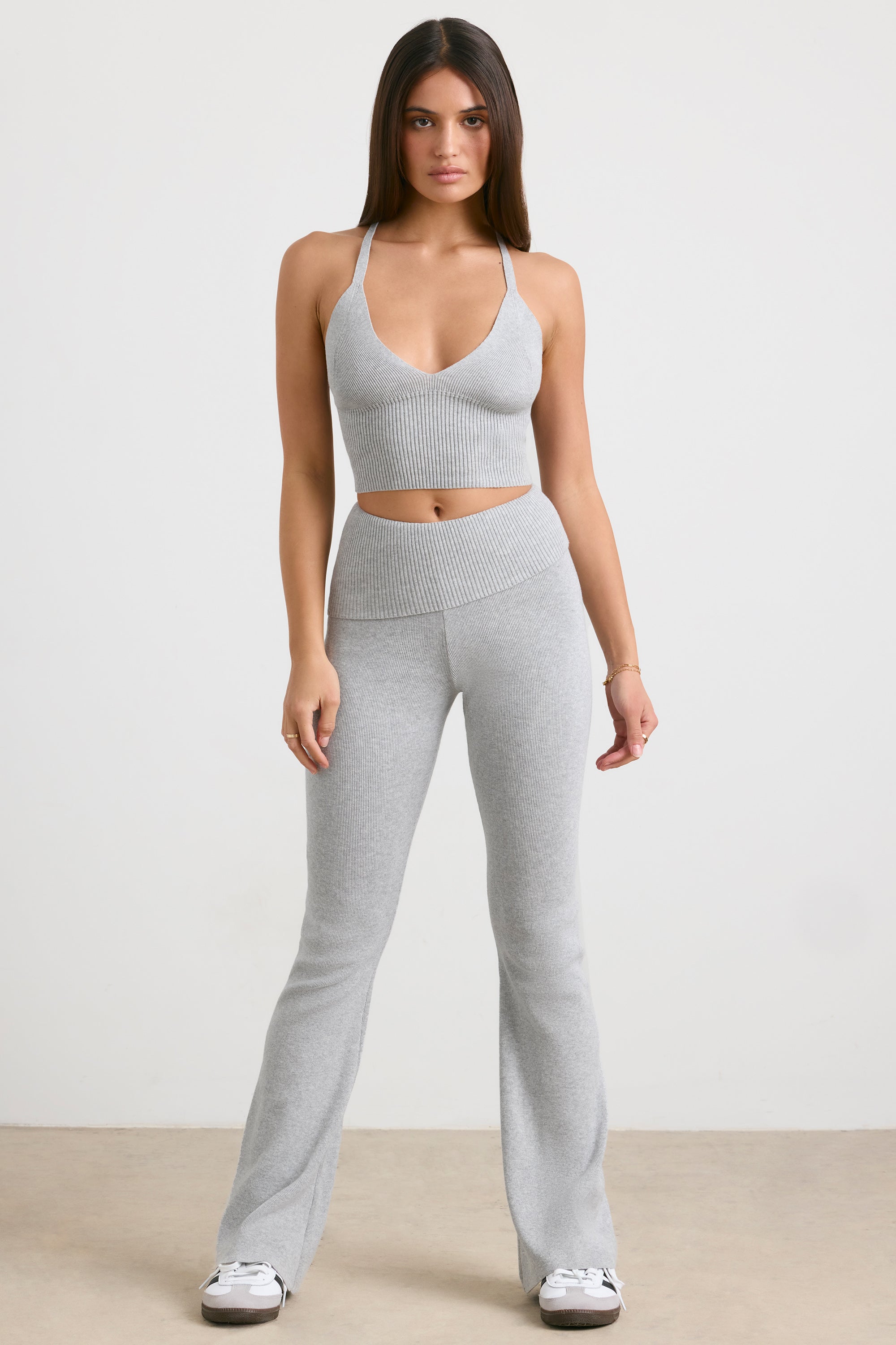 Chunky Knit Foldover Kick Flare Trousers in Grey Marl – Bo+Tee