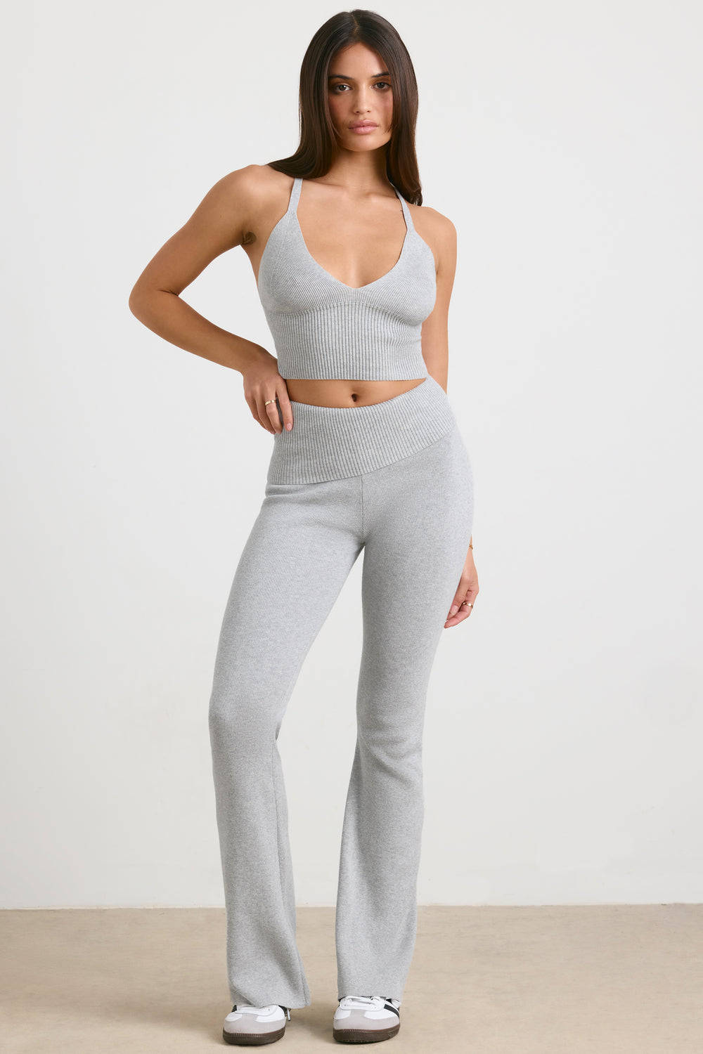 Muse - Chunky Knit Kick Flare Trousers in Heather Grey