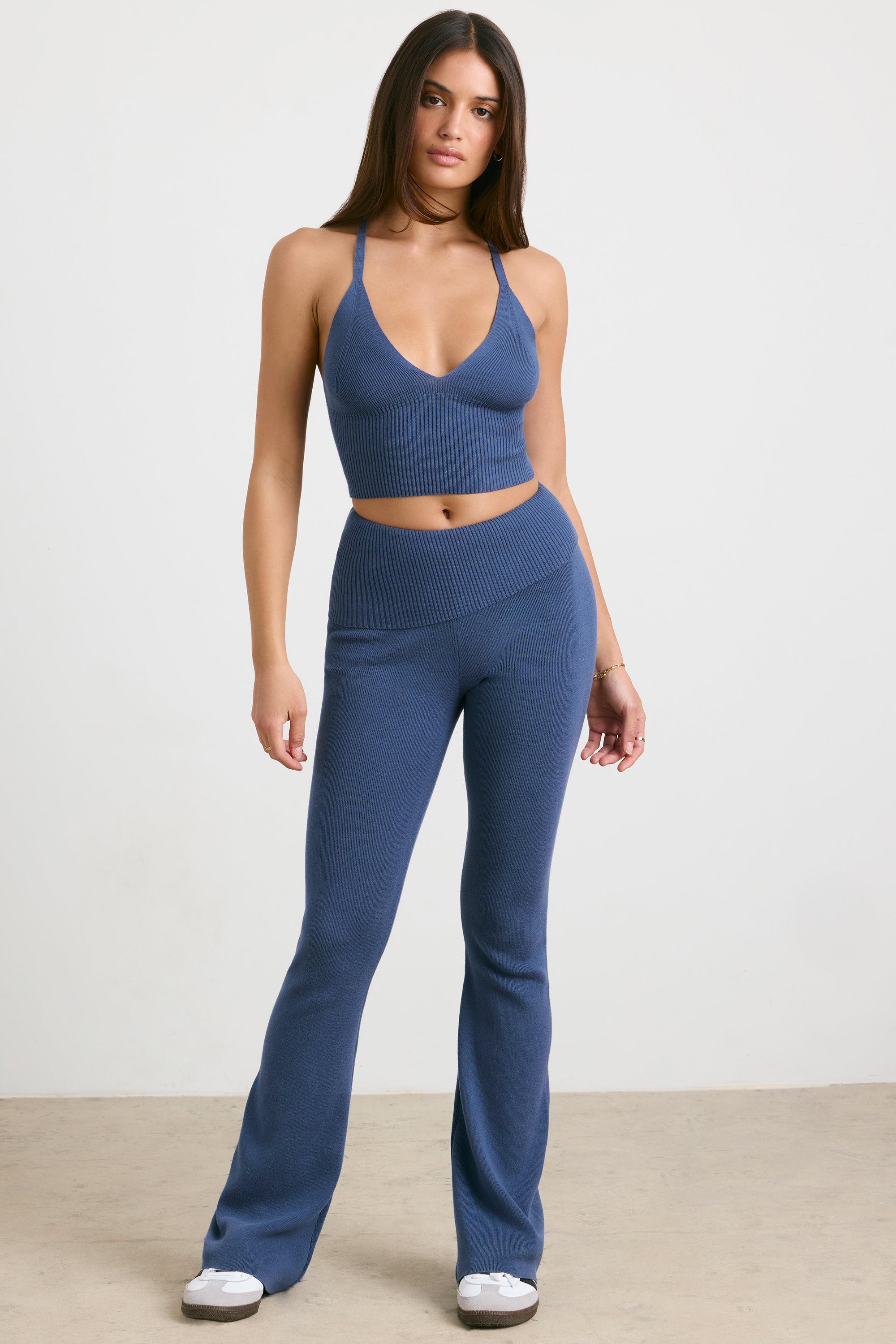 Muse - Petite Chunky Knit Kick Flare Trousers in Washed Navy