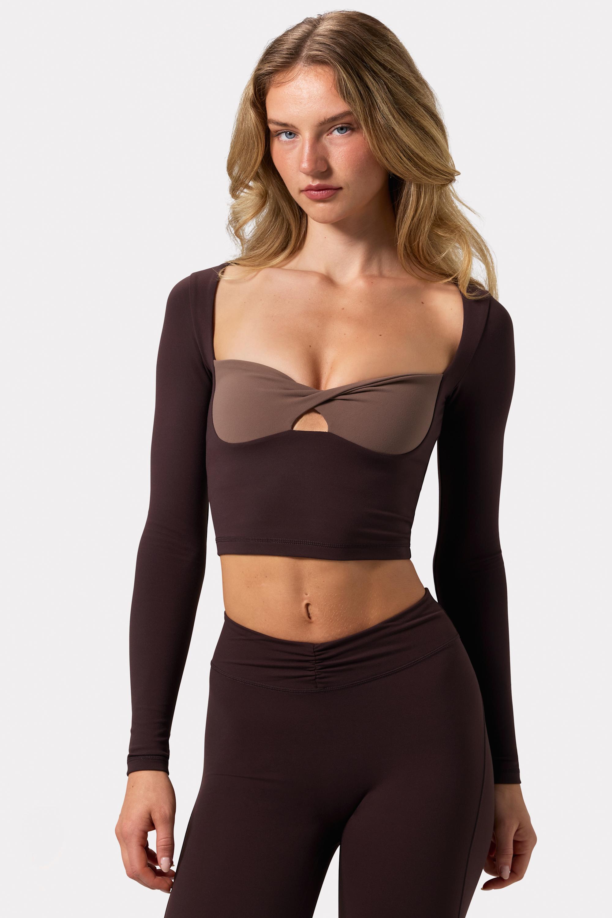 Soft Active Twist-Front Crop Top in Espresso