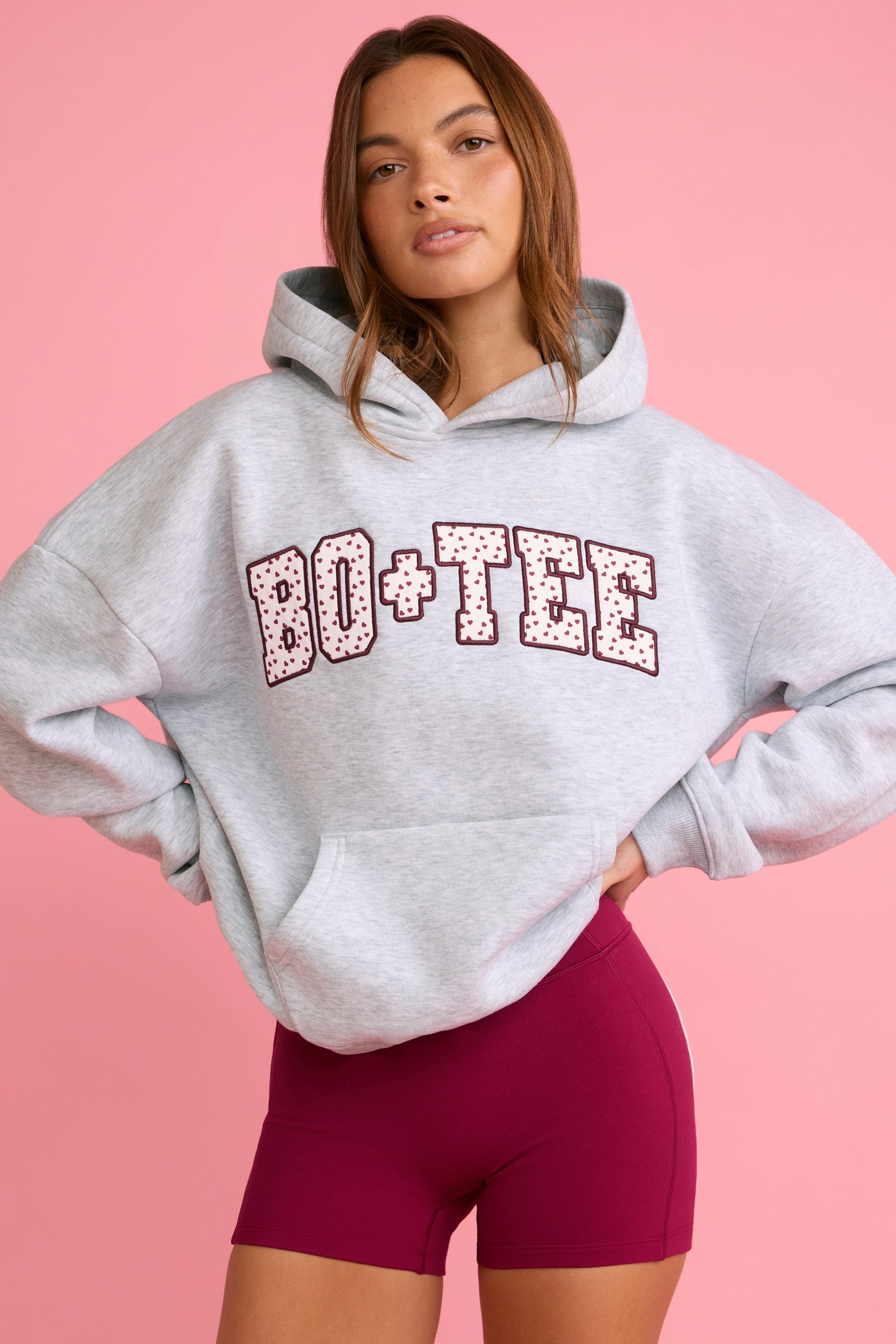 Bo+Tee's Hayley wearing the WithLovePerfectMatch Hoodie in Grey Marl Brushback sweat fabric perfect for casual weekend outings