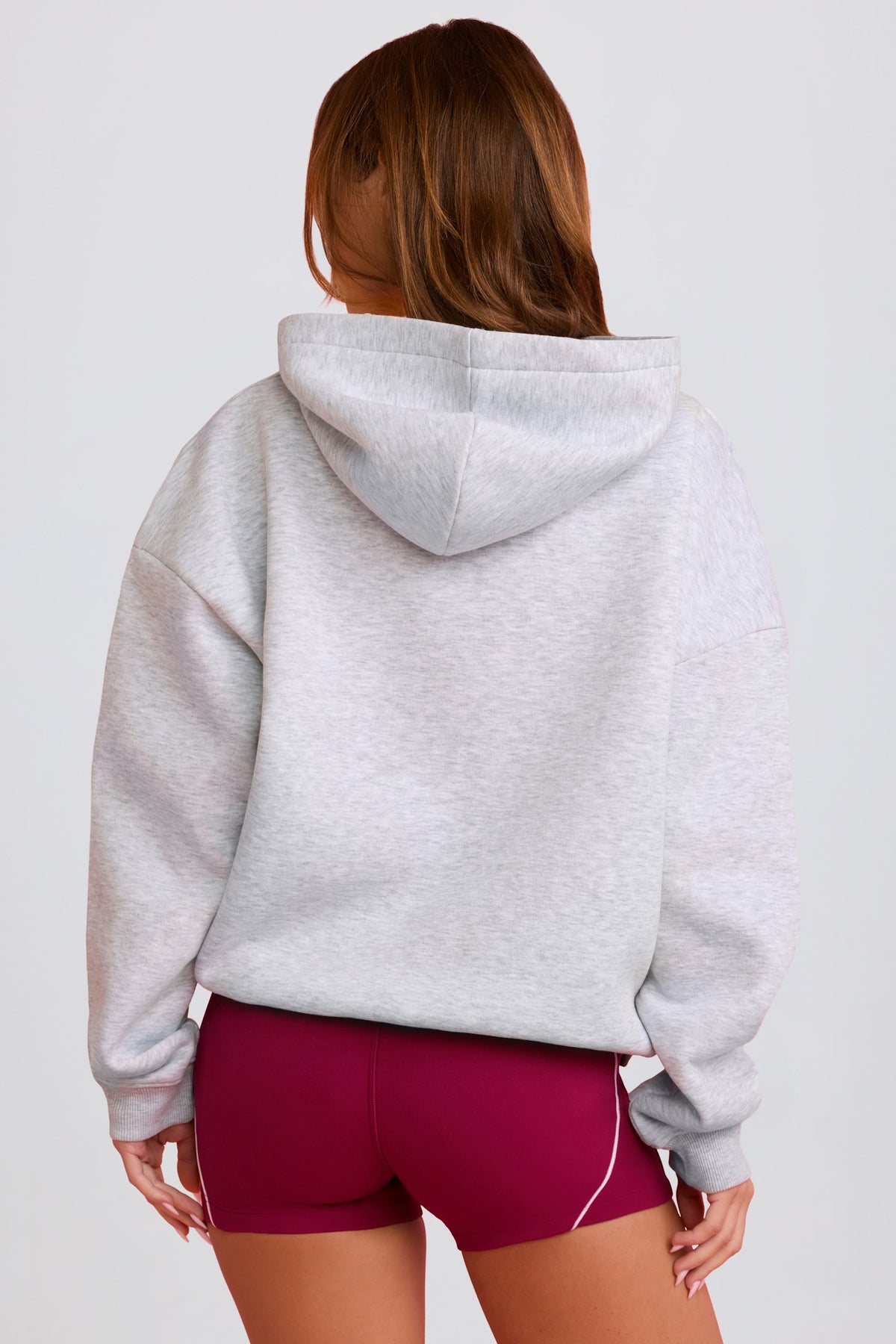 Bo+Tee's Hayley wearing the WithLovePerfectMatch Hoodie in Grey Marl Brushback sweat fabric perfect for cozy coffee runs