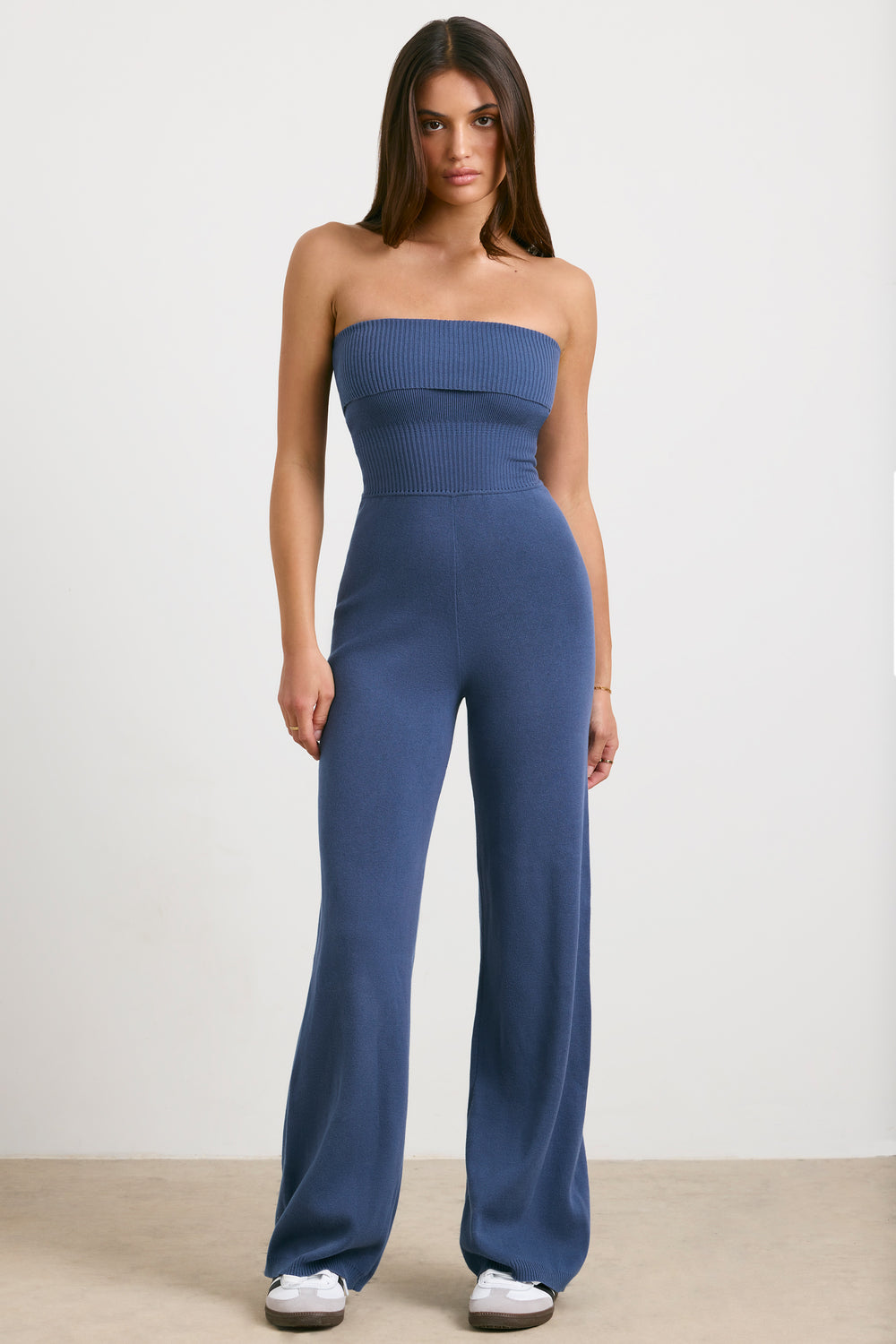 Timeless - Petite Chunky Knit Kick Flare Unitard in Washed Navy