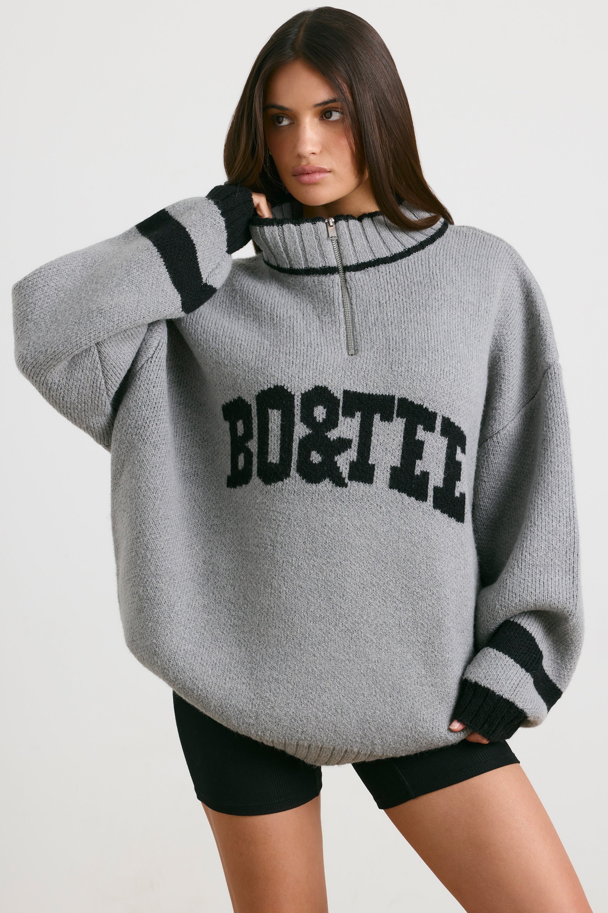 Casual - Oversized Quarter-Zip Chunky-Knit Jumper in Heather Grey