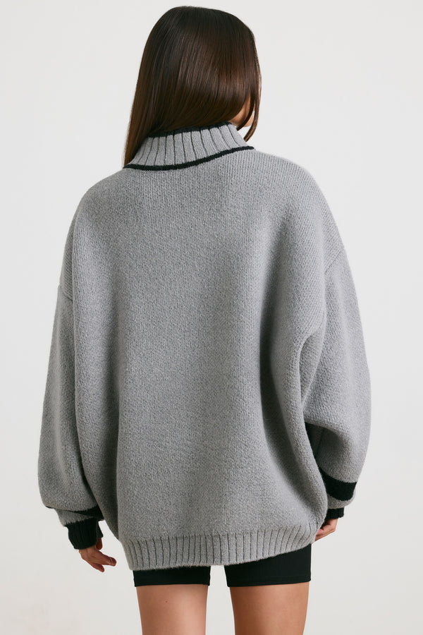 Casual - Oversized Quarter-Zip Chunky-Knit Jumper in Heather Grey