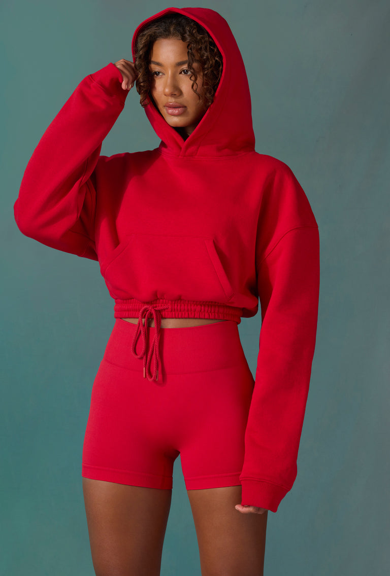 Progress Cropped Drawstring Hooded Sweatshirt in Tango Red | Bo+Tee ...