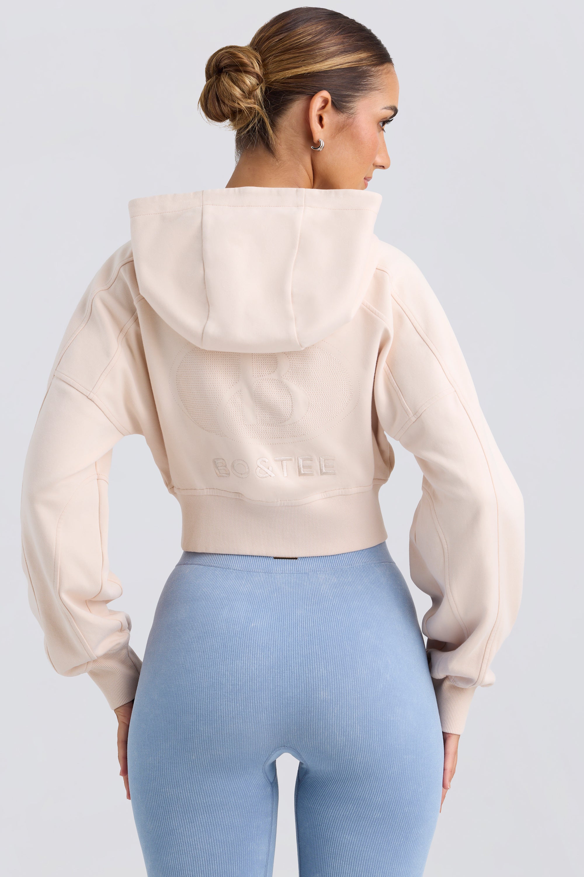 Zip-Up Cropped Hoodie in Washed Cream