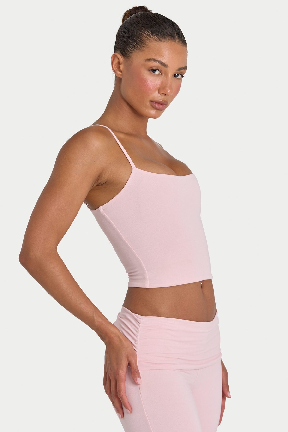 Bo+Tee model Hayley wearing the Rebloom Full Top in Blush Modal fabric perfect for running errands