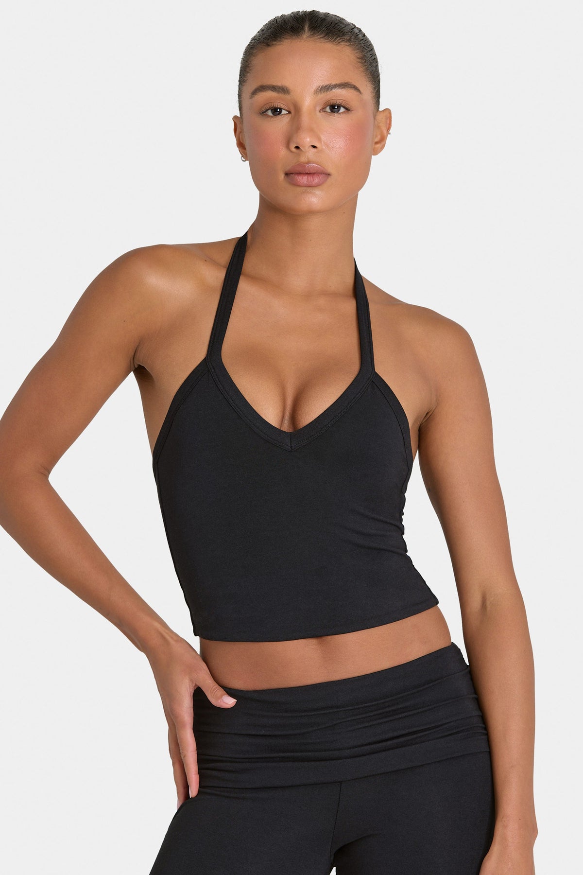 Bo+Tee model Kiele wearing the BT16359__Black Full Top in Black Modal fabric perfect for yoga sessions