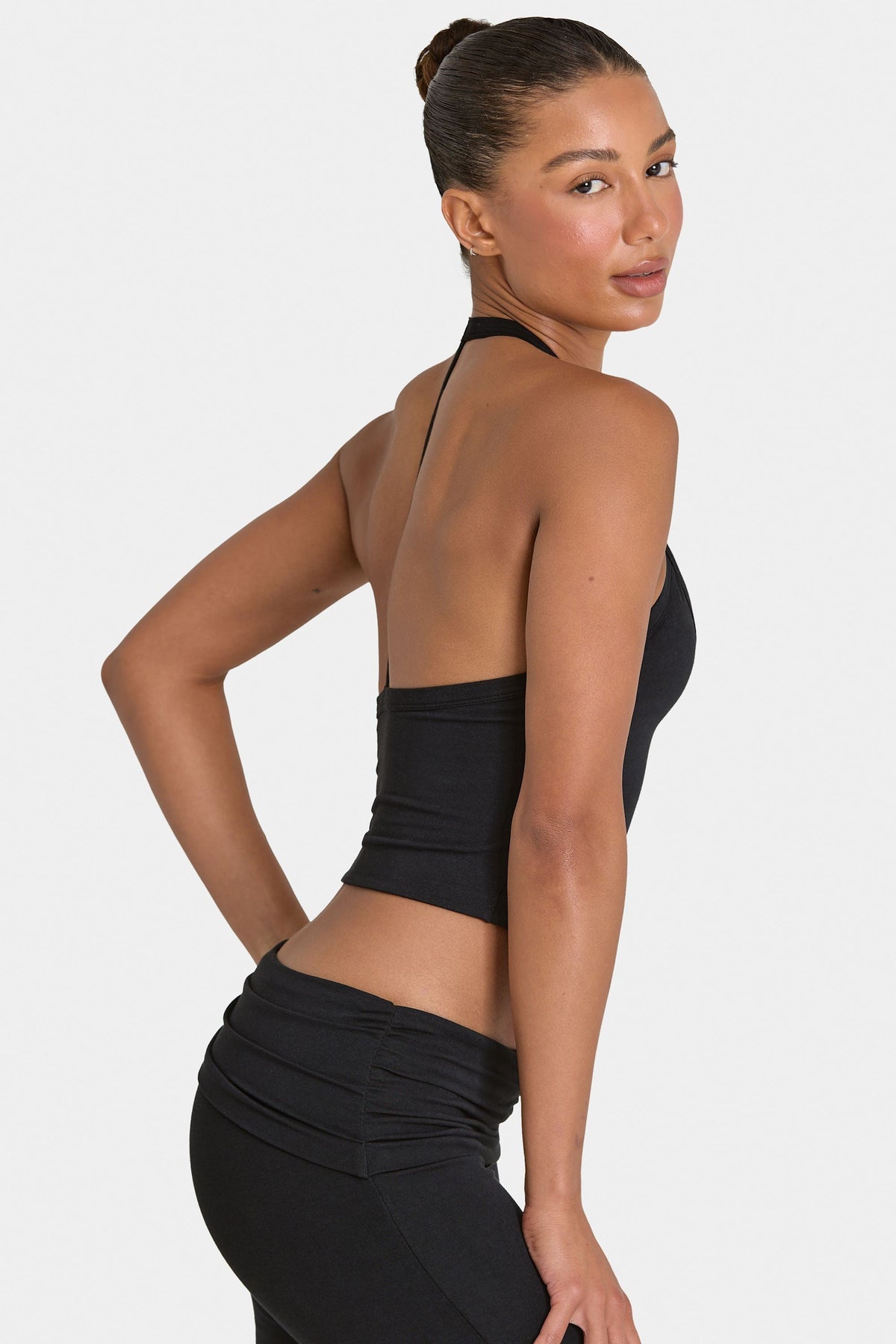 Bo+Tee model Kiele wearing the BT16359__Black Full Top in Black Modal fabric perfect for coffee dates