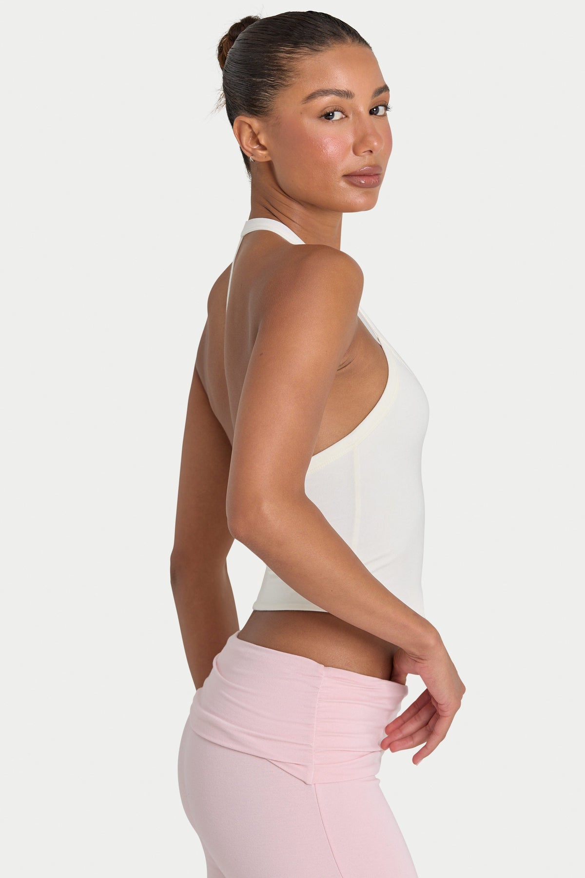 Bo+Tee model Kiele wearing the BT16359__Ivory Tops in Ivory Modal fabric perfect for gym sessions