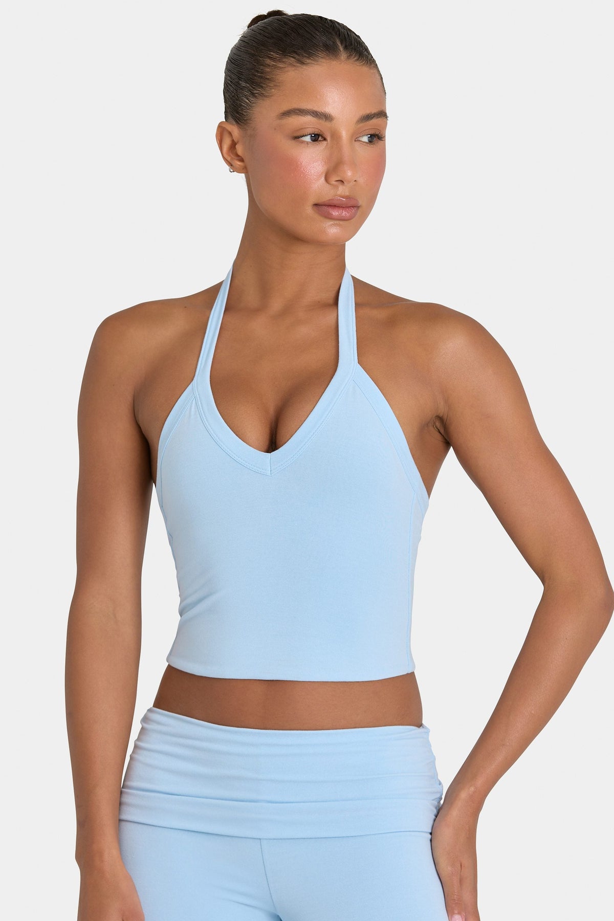 Bo+Tee model Kiele wearing the BT16359__LightBlue Full Top in Light Blue Modal fabric perfect for gym workouts