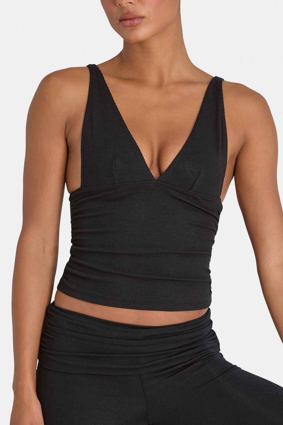 Bo+Tee model Kiele wearing the BT16360__Black Full Top in Black Ribbed Modal fabric perfect for running errands