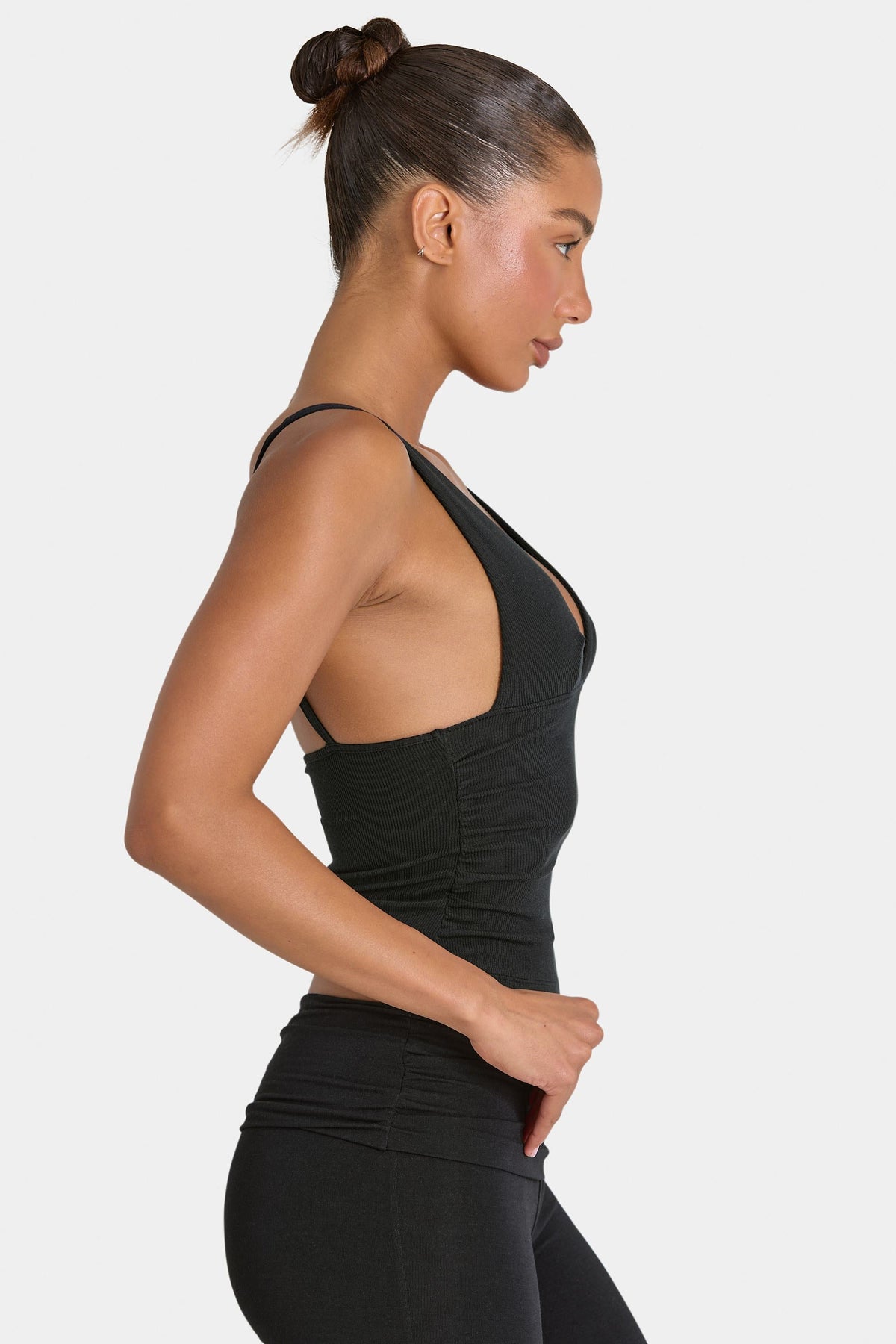 Bo+Tee model Kiele wearing the BT16360__Black Full Top in Black Ribbed Modal fabric perfect for casual outings