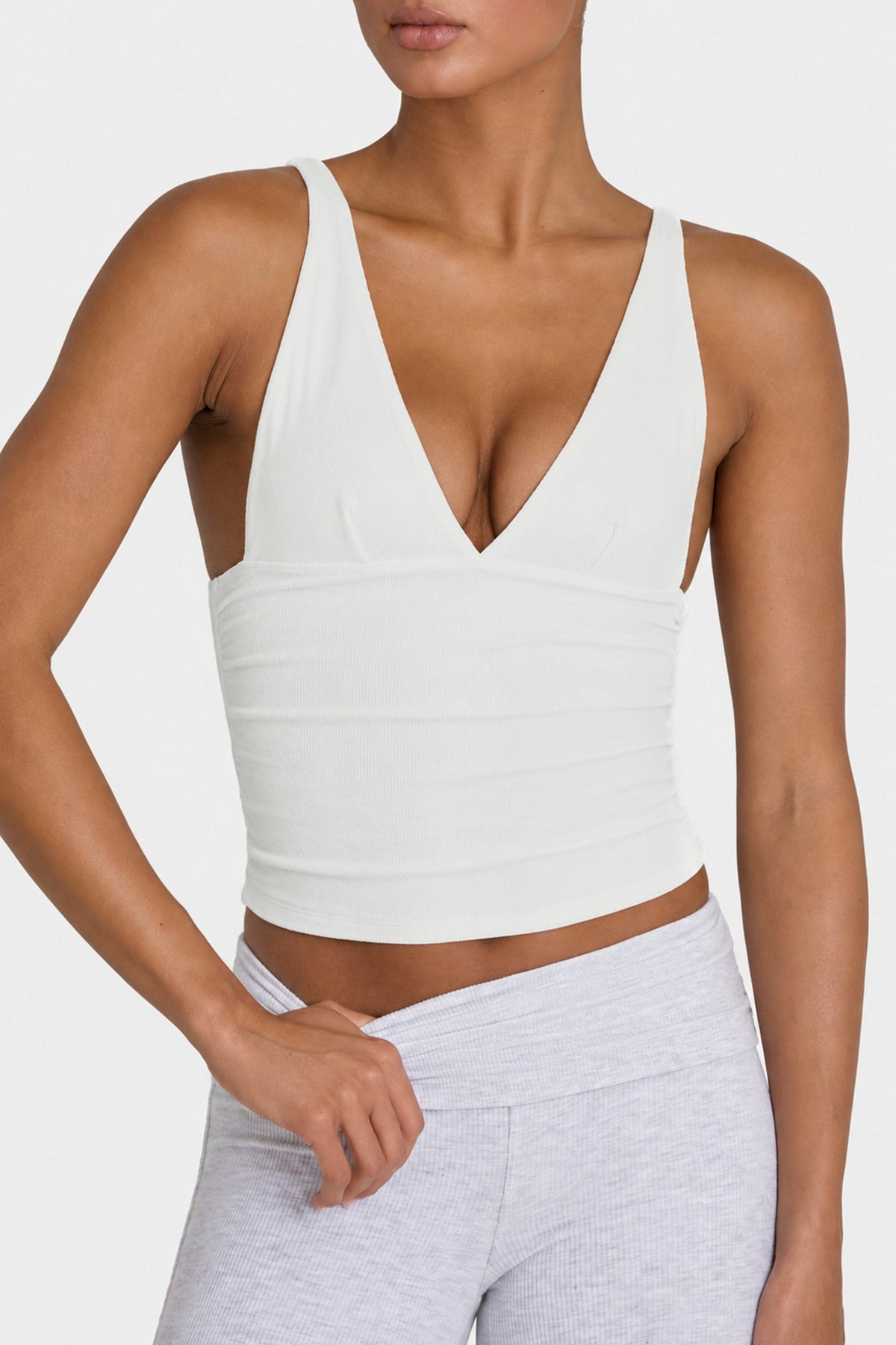 Bo+Tee model Kiele wearing the ButterCloud Full Top in Ivory Ribbed Modal fabric perfect for gym workouts
