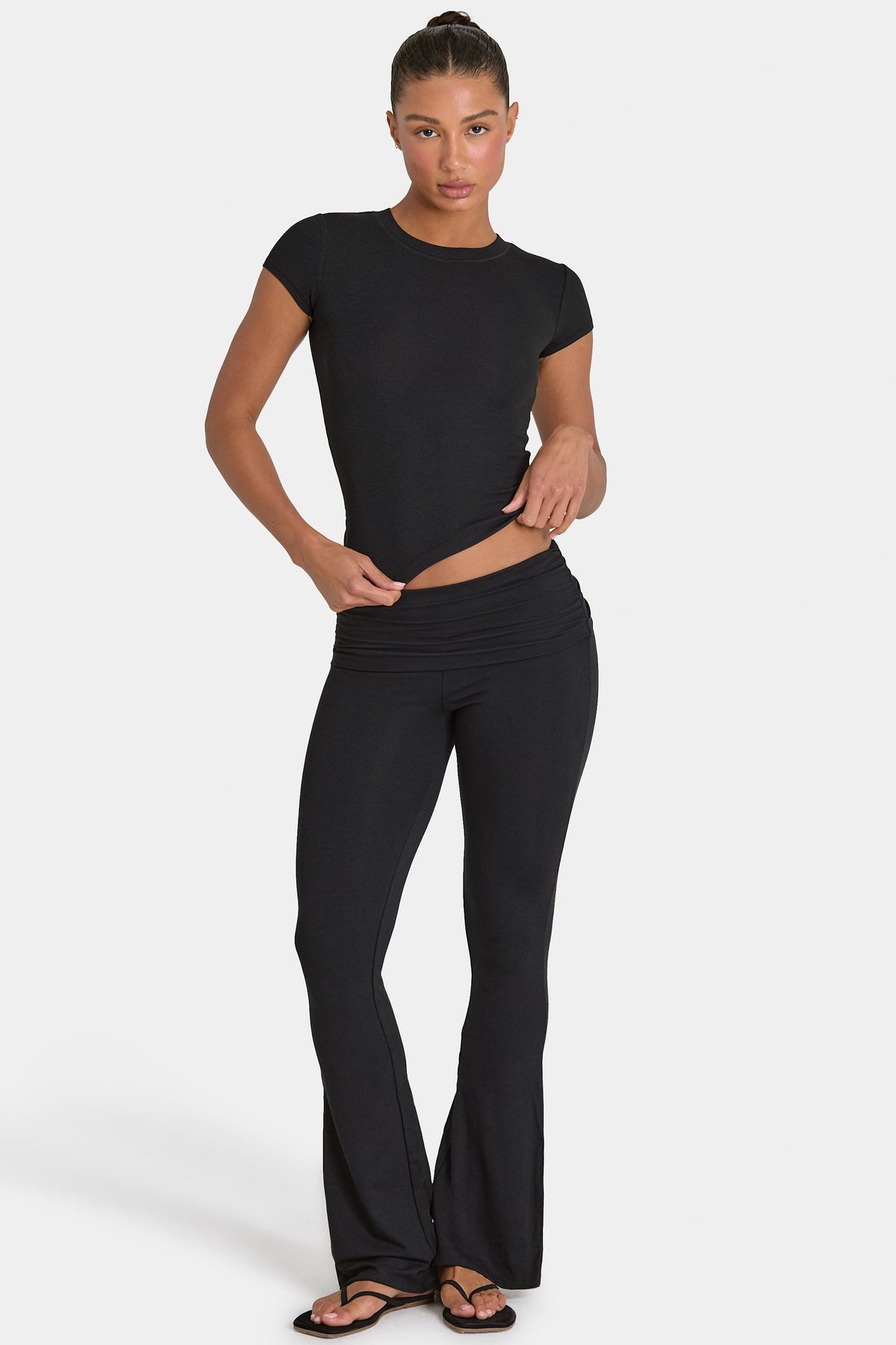 Bo+Tee model Kiele wearing the BT16367__Black T-Shirt in Black Ribbed Modal fabric perfect for casual city strolls