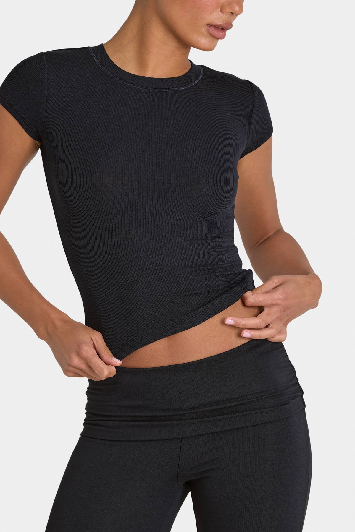 Bo+Tee model Kiele wearing the BT16367__Black T-Shirt in Black Ribbed Modal fabric perfect for weekend coffee runs