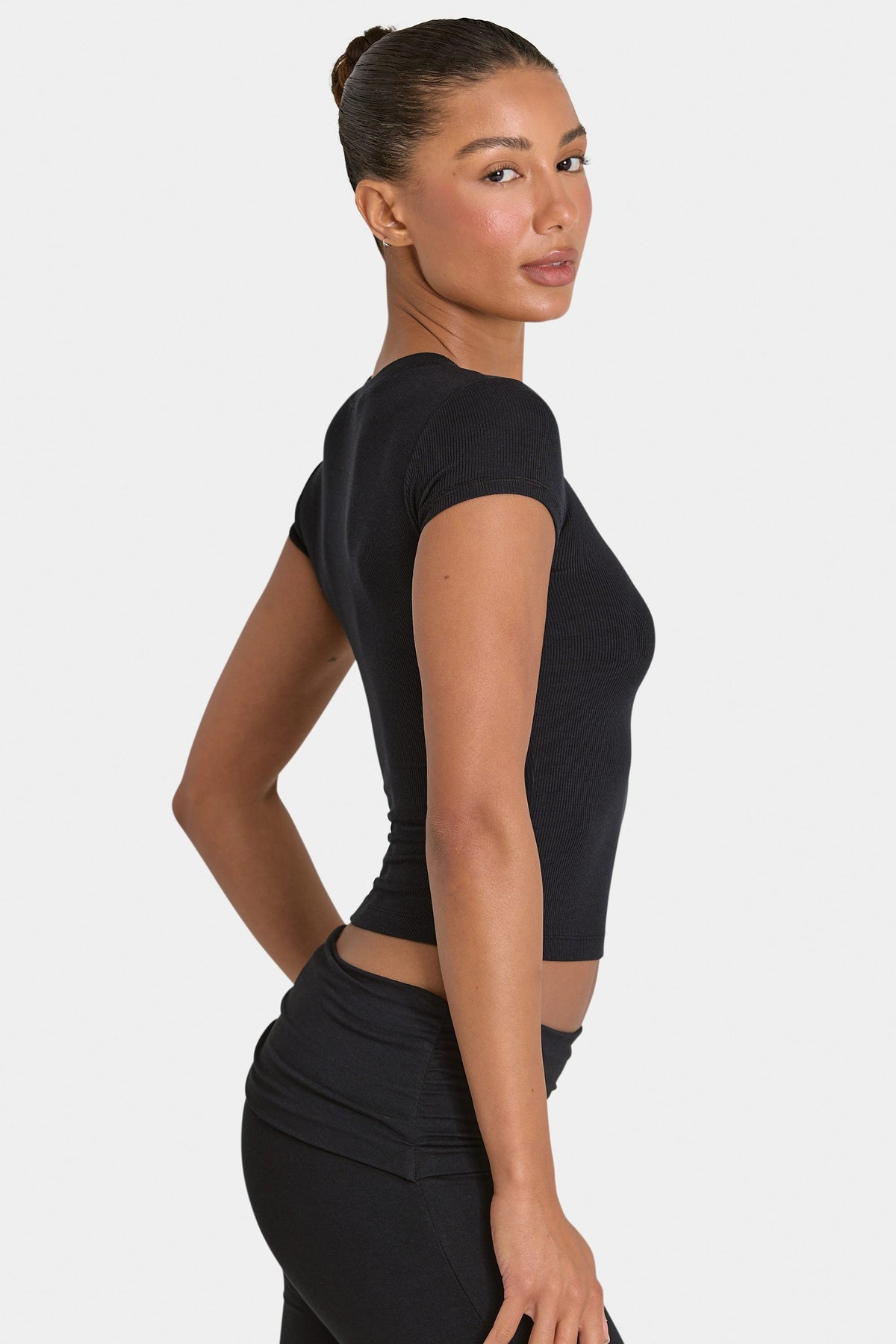 Bo+Tee model Kiele wearing the BT16367__Black T-Shirt in Black Ribbed Modal fabric perfect for relaxed home lounging