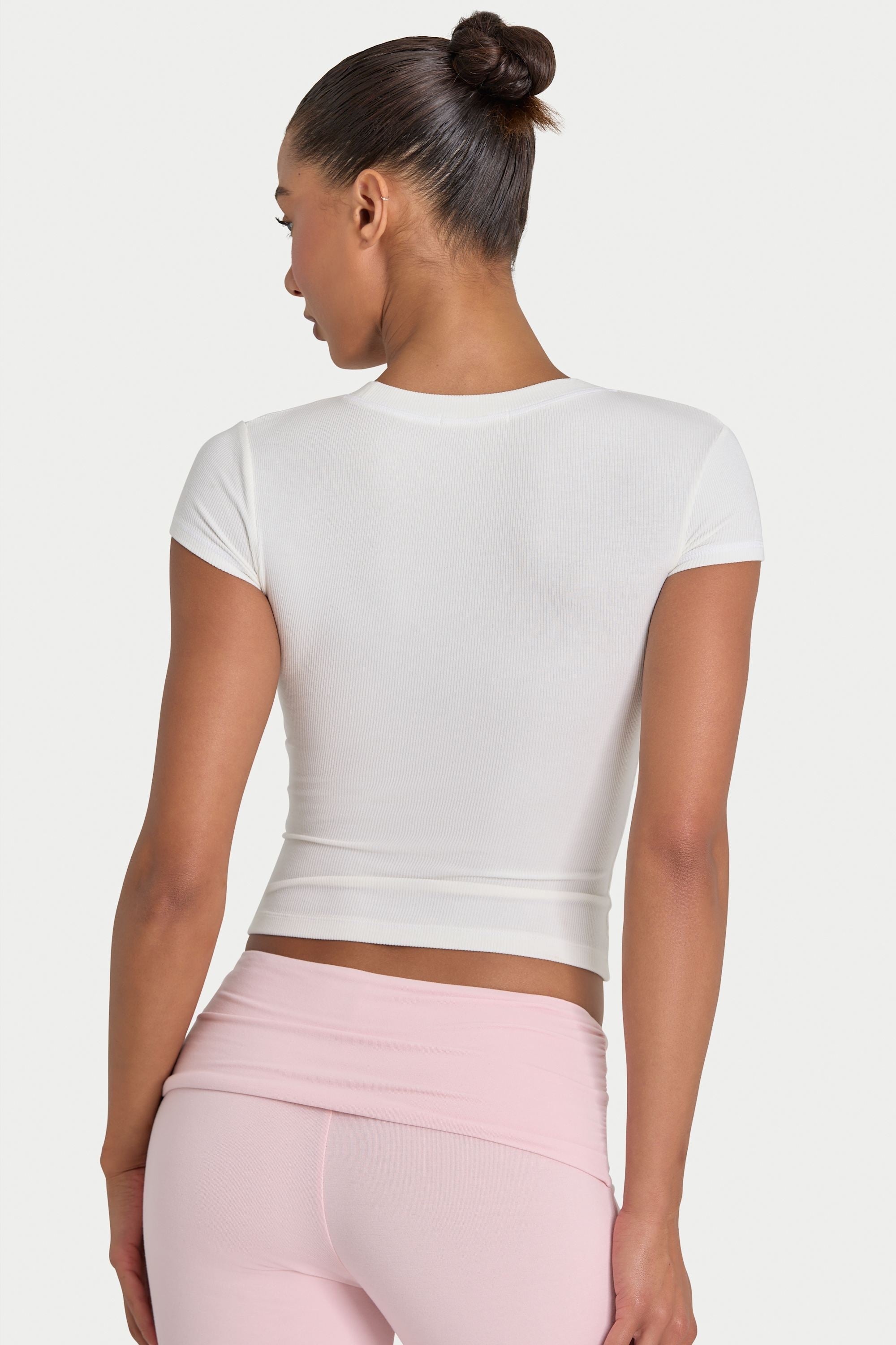 Bo+Tee model Kiele wearing the BT16367__Ivory T-Shirt in Ivory Ribbed Modal fabric perfect for light gym sessions