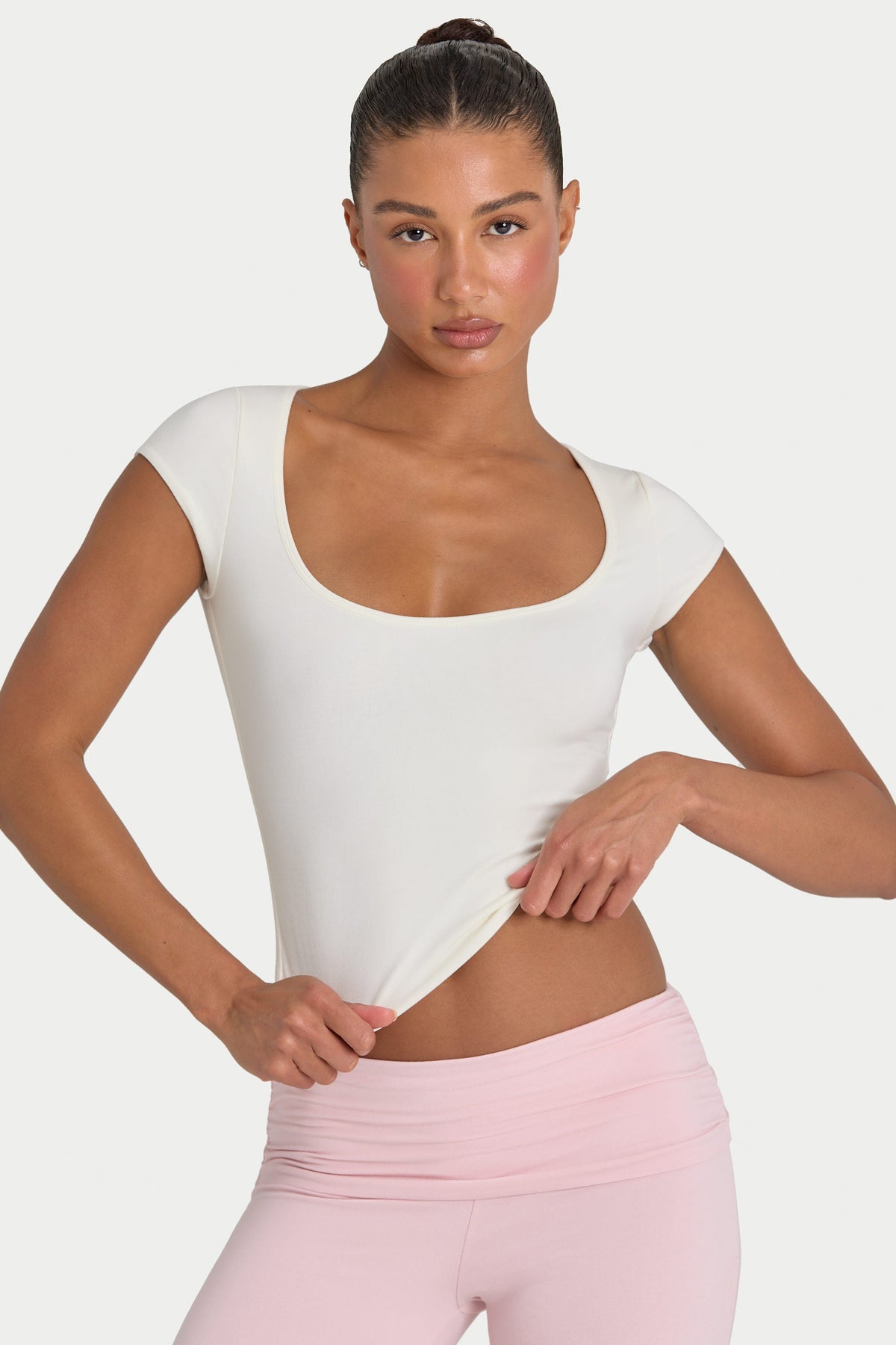 Bo+Tee model Kiele wearing the BT16372__Ivory Full Top in Ivory Modal fabric perfect for yoga sessions