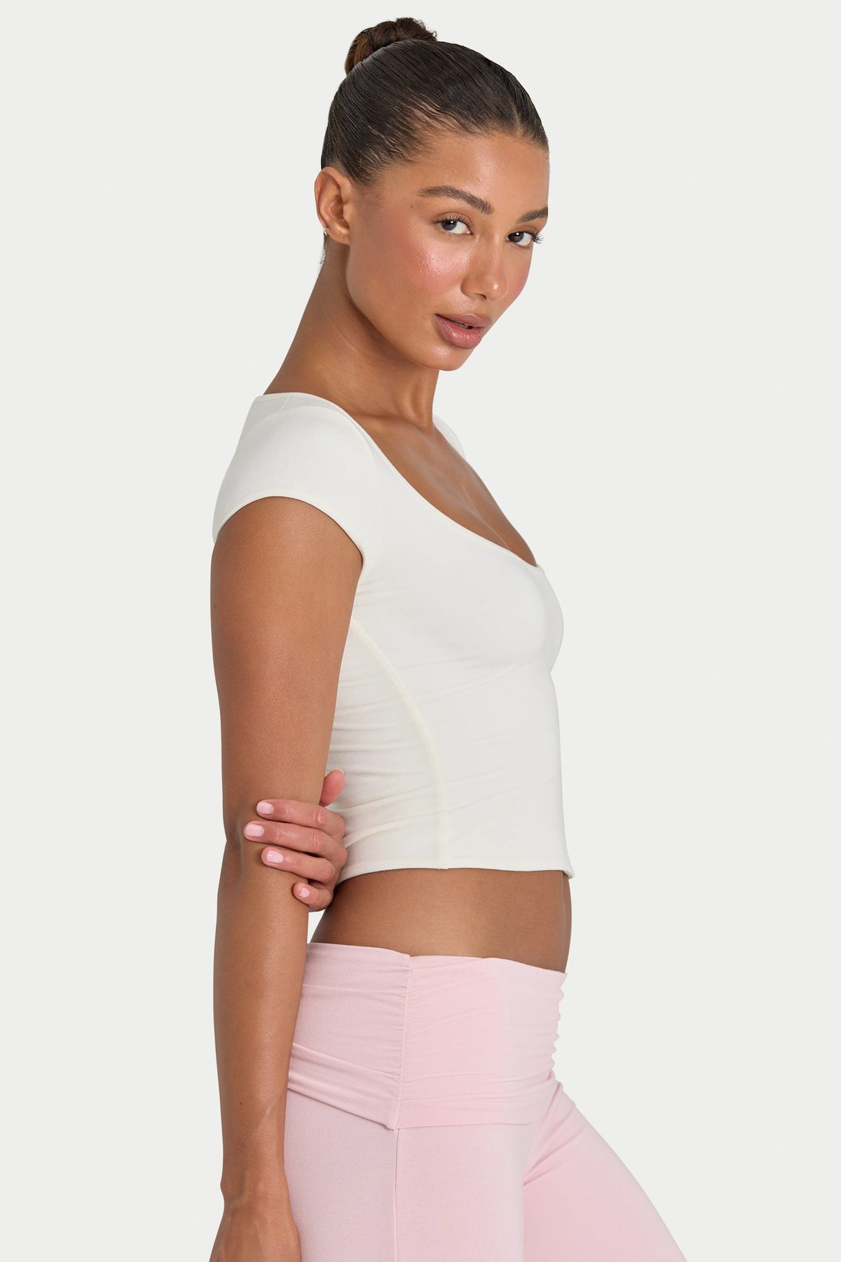 Bo+Tee model Kiele wearing the BT16372__Ivory Full Top in Ivory Modal fabric perfect for gym workouts