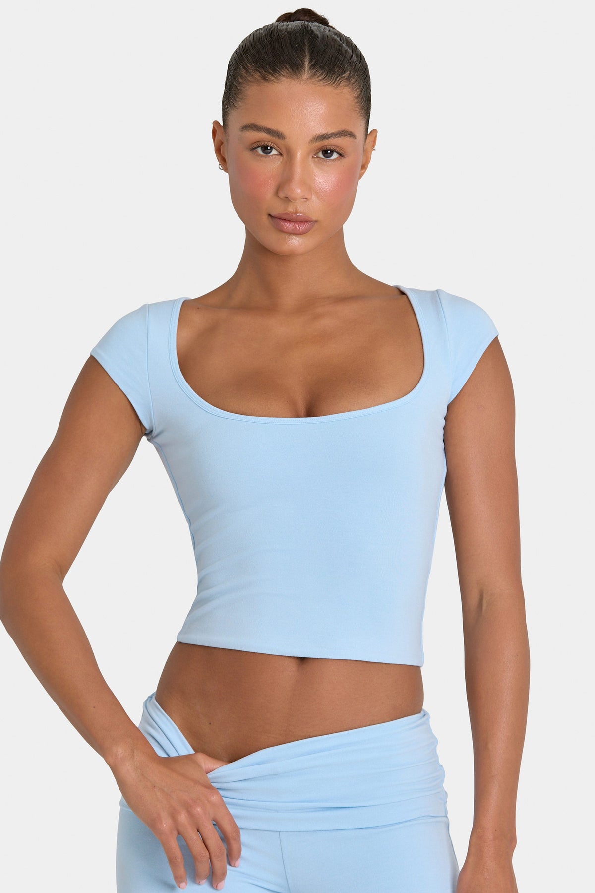 Bo+Tee model Kiele wearing the BT16372__LightBlue Full Top in Light Blue Modal fabric perfect for morning runs