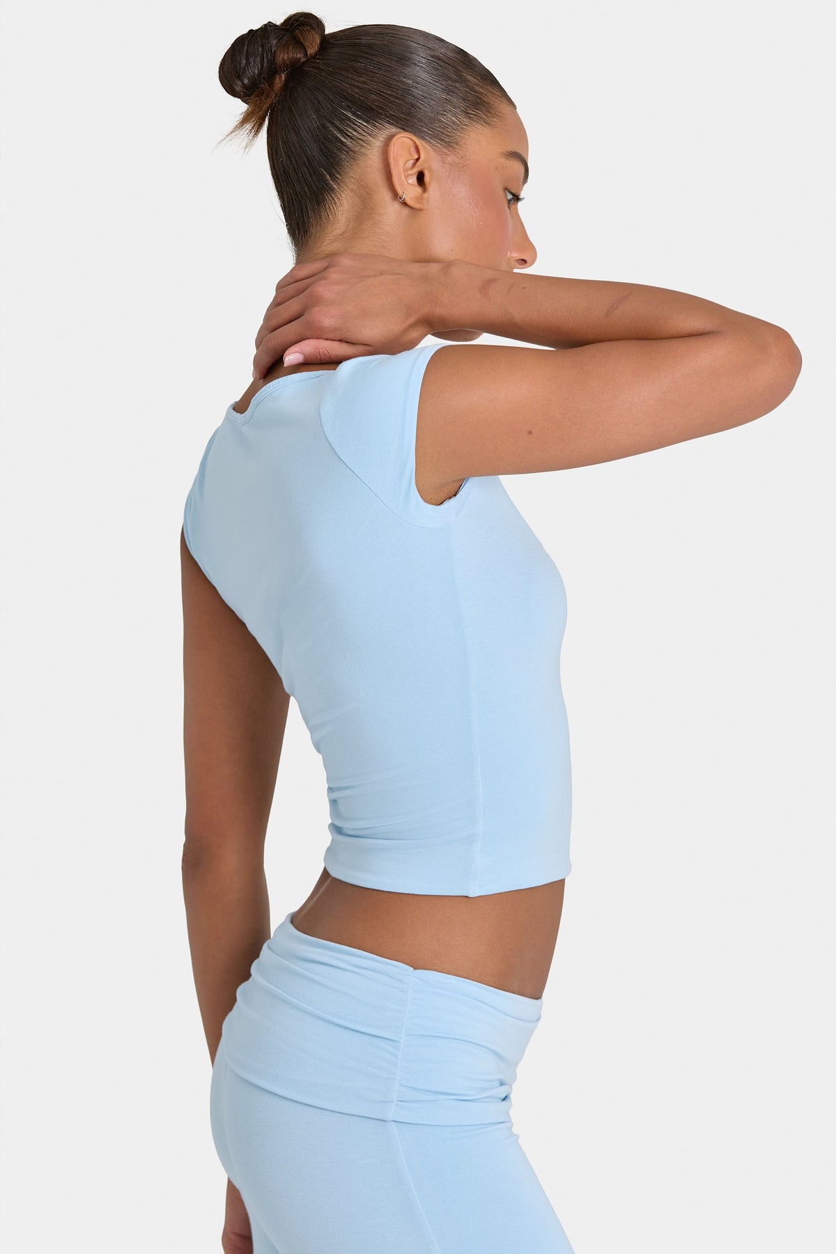 Bo+Tee model Kiele wearing the BT16372__LightBlue Full Top in Light Blue Modal fabric perfect for casual outings