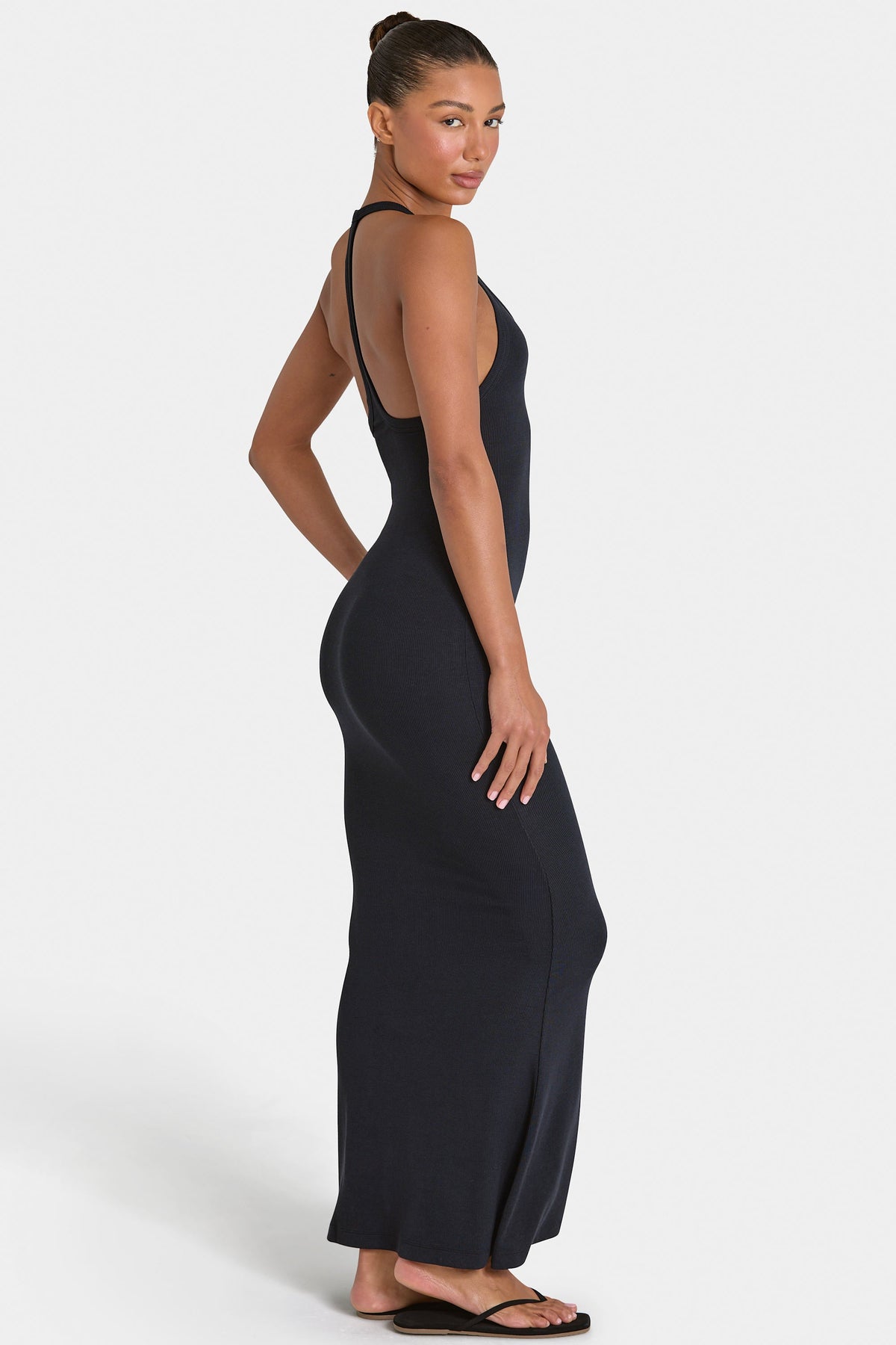 Bo+Tee model Kiele wearing the BT16374__Black Maxi Dress in Black Ribbed Modal fabric perfect for cocktail parties
