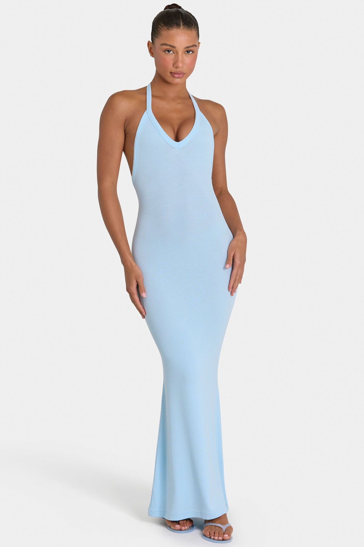 Bo+Tee model Kiele wearing the BT16374__LightBlue Maxi Dress in Light Blue Ribbed Modal fabric perfect for summer beach days