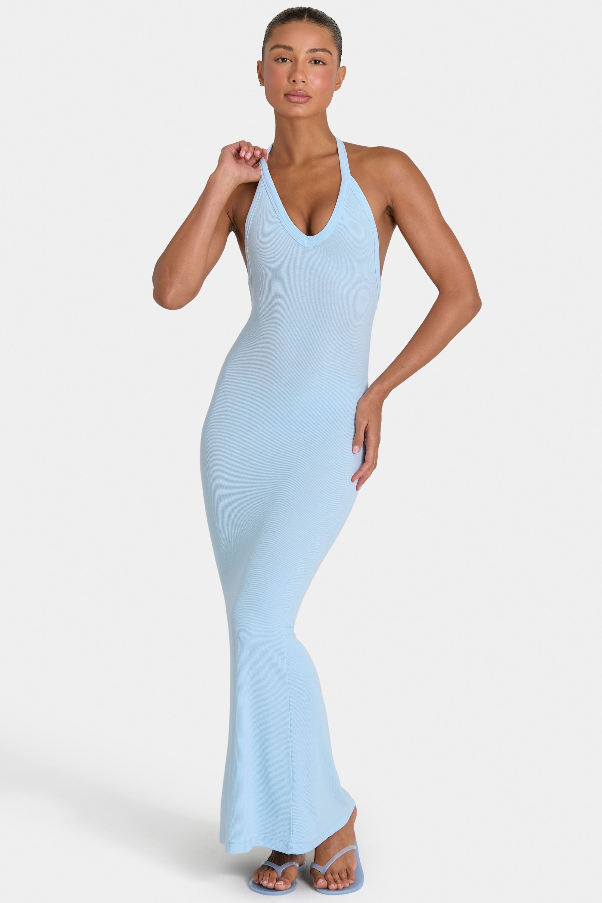 Bo+Tee model Kiele wearing the BT16374__LightBlue Maxi Dress in Light Blue Ribbed Modal fabric perfect for brunch with friends