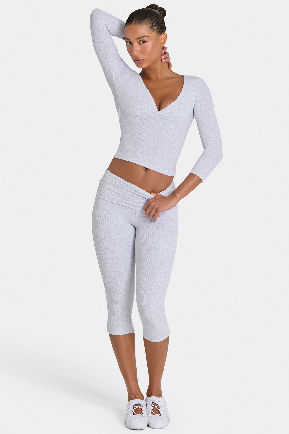 Bo+Tee model Kiele wearing the BT16390A__LightGreyMarl Leggings in Light Grey Marl Ribbed Modal fabric perfect for morning workouts