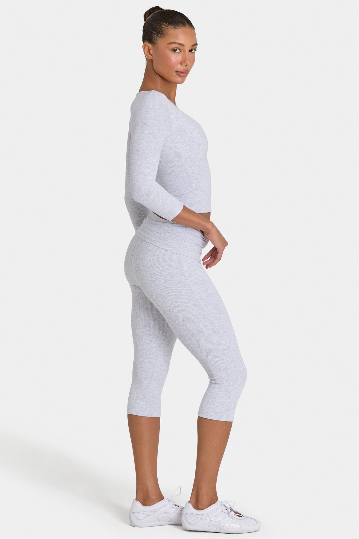 Bo+Tee model Kiele wearing the BT16390A__LightGreyMarl Leggings in Light Grey Marl Ribbed Modal fabric perfect for gym sessions