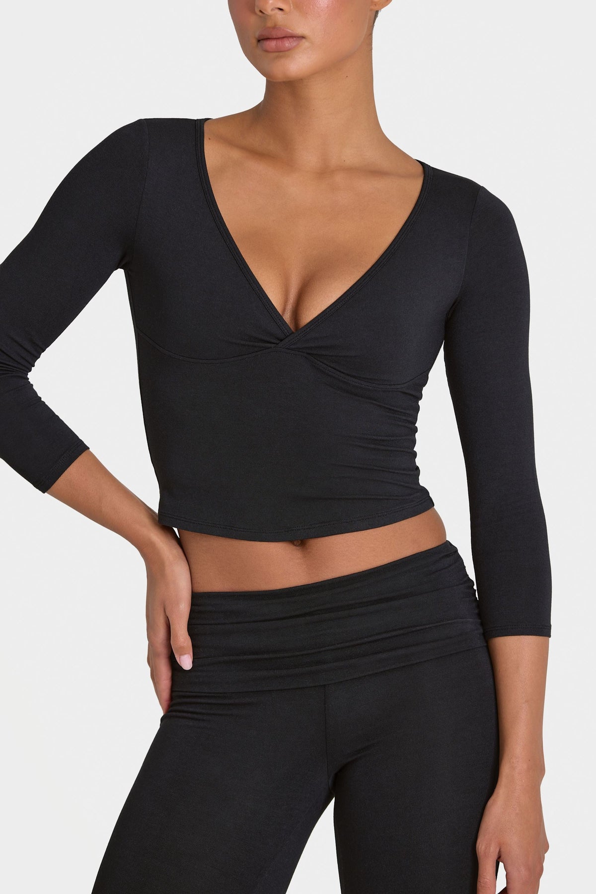 Bo+Tee model Kiele wearing the BT16395__Black Full Top in Black Modal fabric perfect for gym workouts