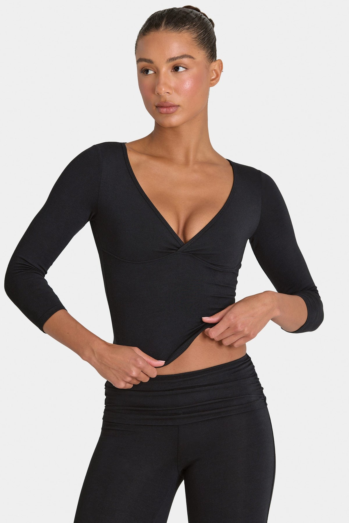 Bo+Tee model Kiele wearing the BT16395__Black Full Top in Black Modal fabric perfect for casual outings
