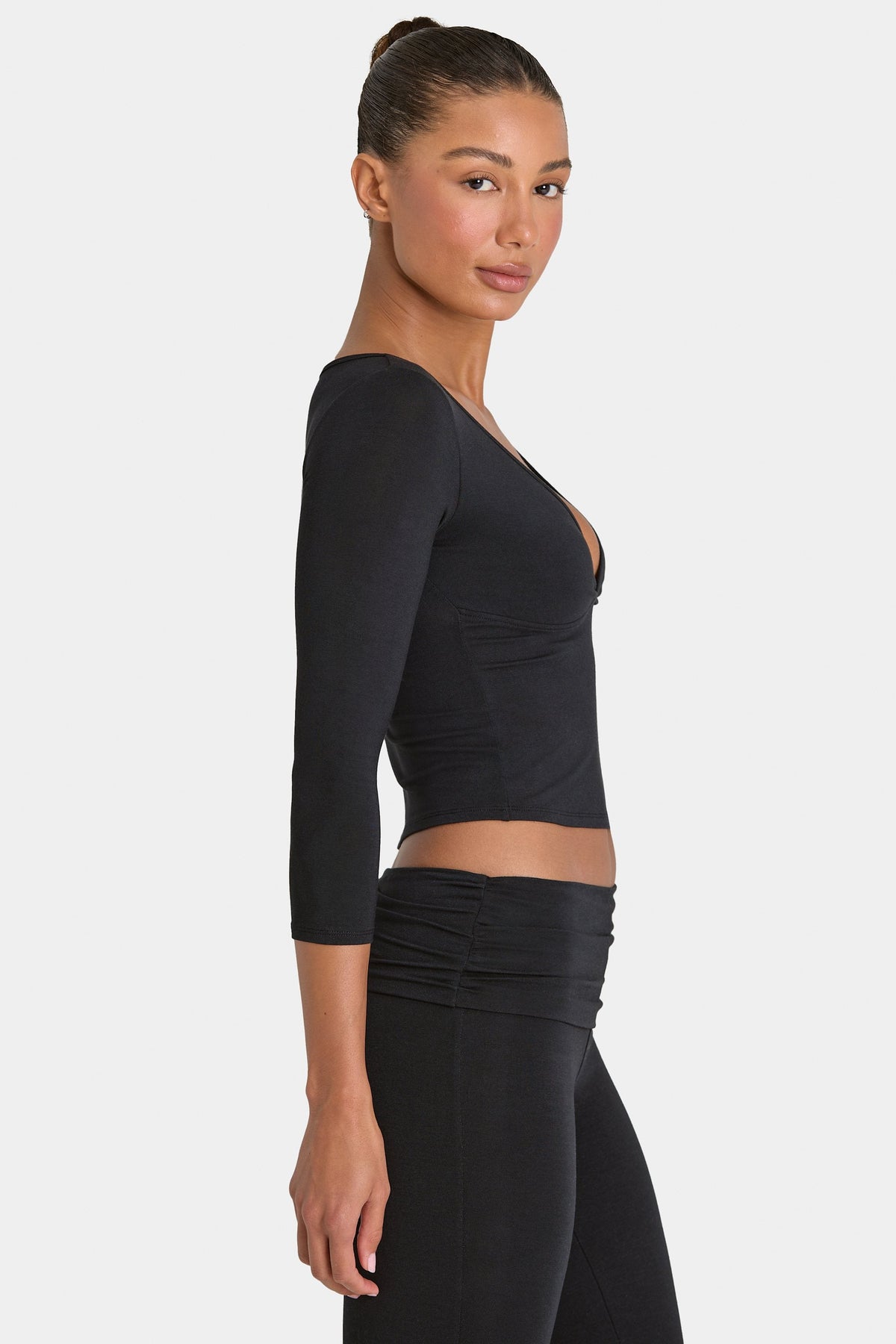 Bo+Tee model Kiele wearing the BT16395__Black Full Top in Black Modal fabric perfect for running errands