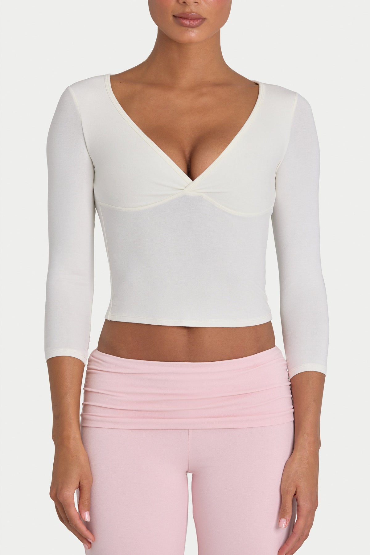 Bo+Tee model Kiele wearing the BT16395__IVO Full Top in Ivory Modal fabric perfect for yoga sessions