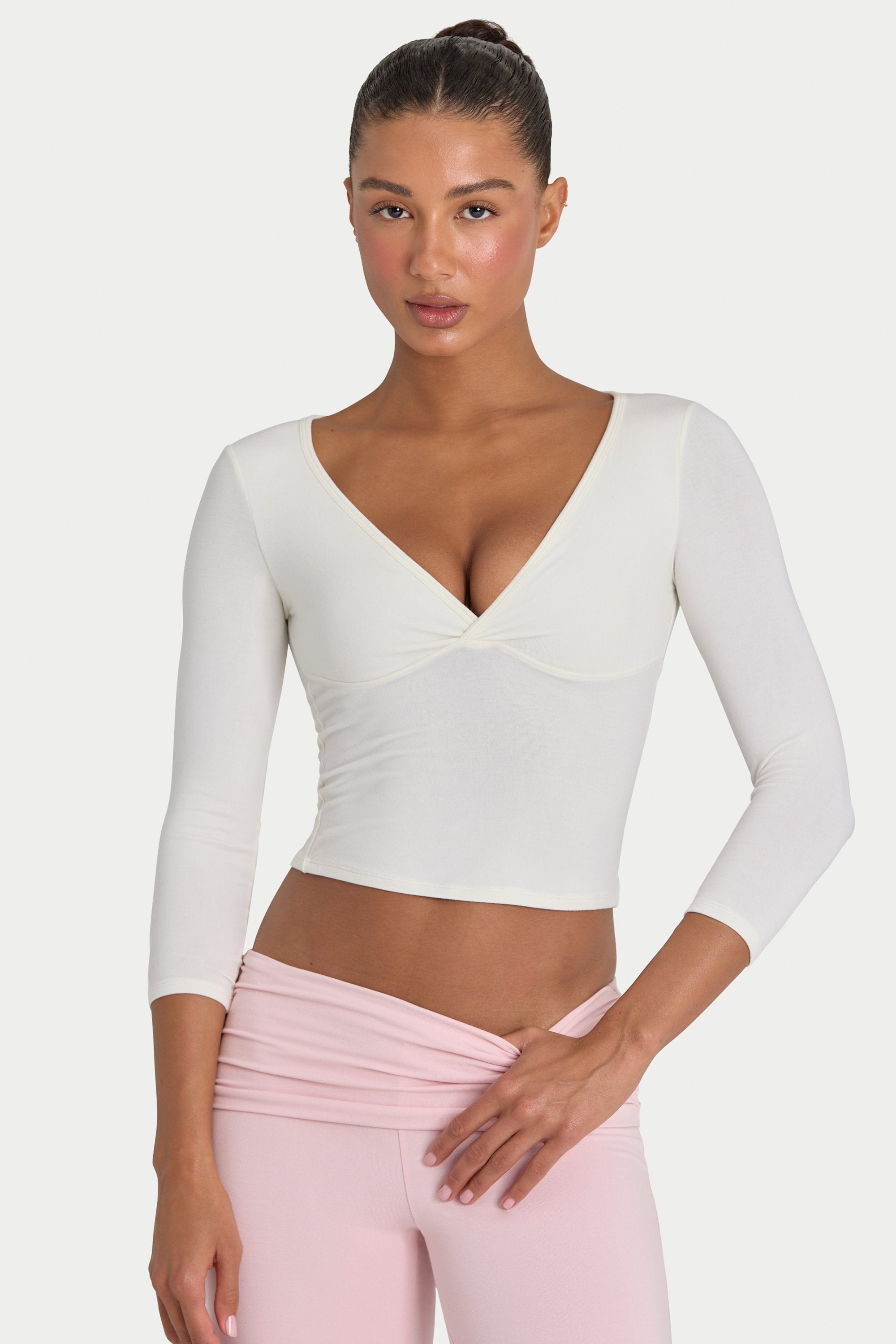 Bo+Tee model Kiele wearing the BT16395__IVO Full Top in Ivory Modal fabric perfect for gym workouts