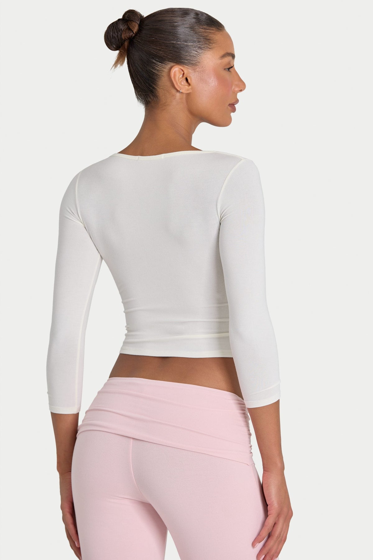 Bo+Tee model Kiele wearing the BT16395__IVO Full Top in Ivory Modal fabric perfect for weekend getaways