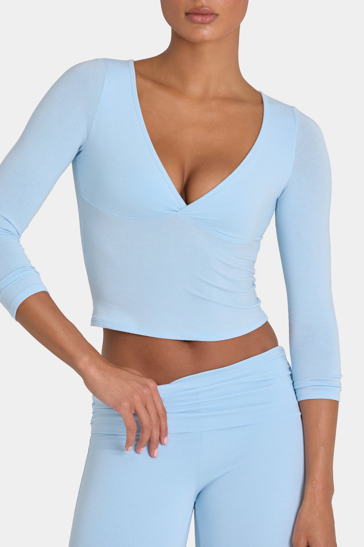 Bo+Tee model Kiele wearing the BT16395__LightBlue Full Top in Light Blue Modal fabric perfect for morning yoga class